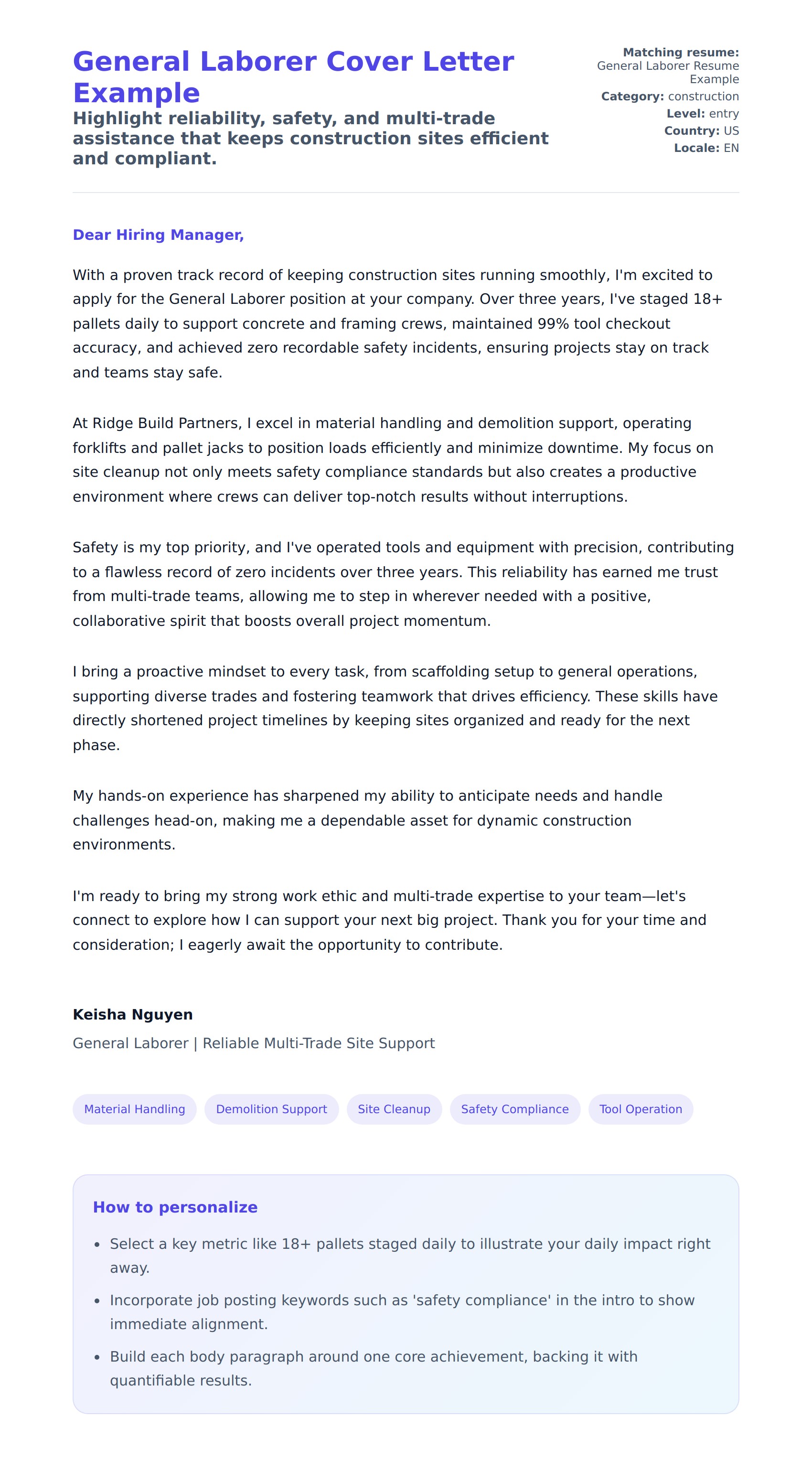 Cover Letter preview for General Laborer Cover Letter Example