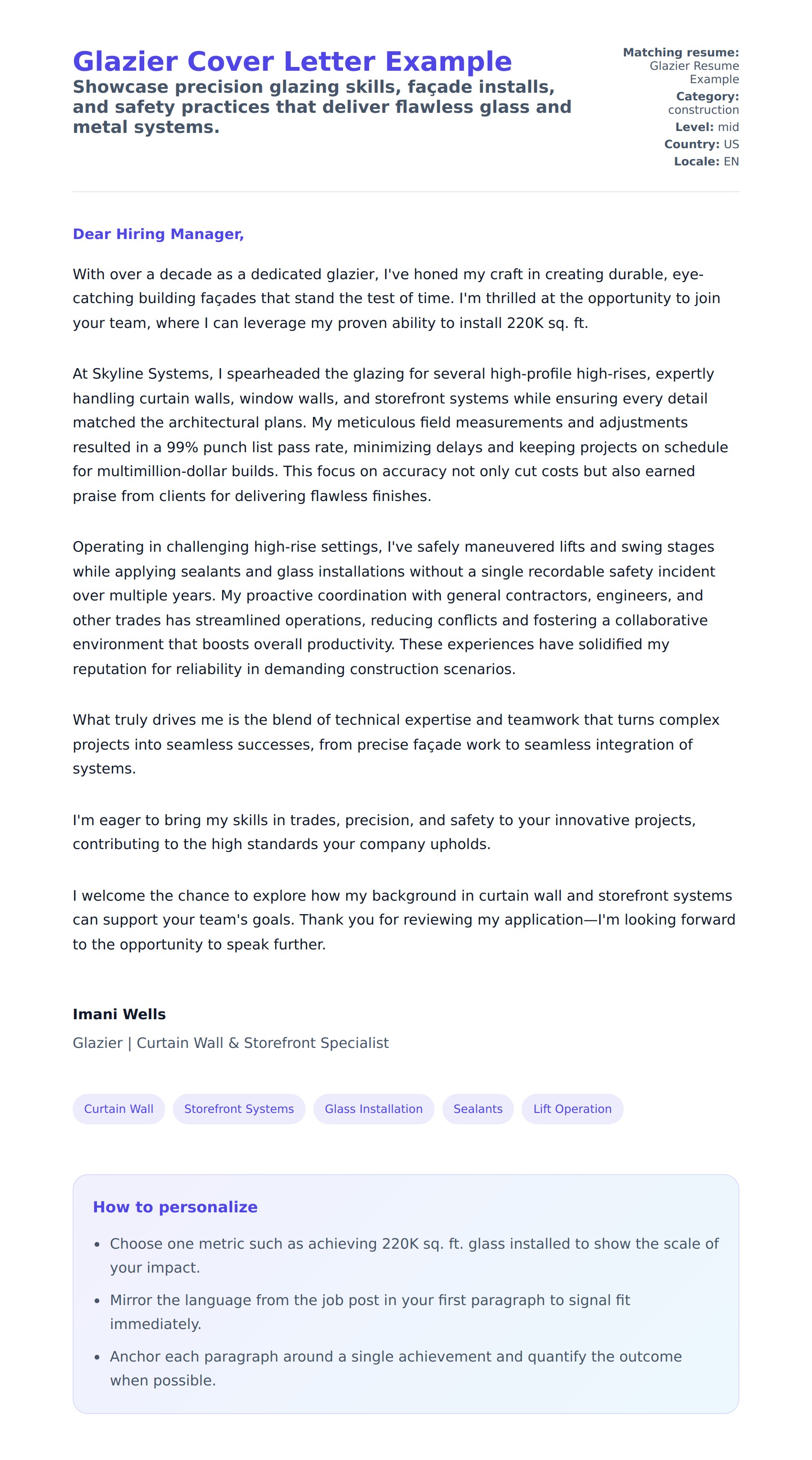 Cover Letter preview for Glazier Cover Letter Example