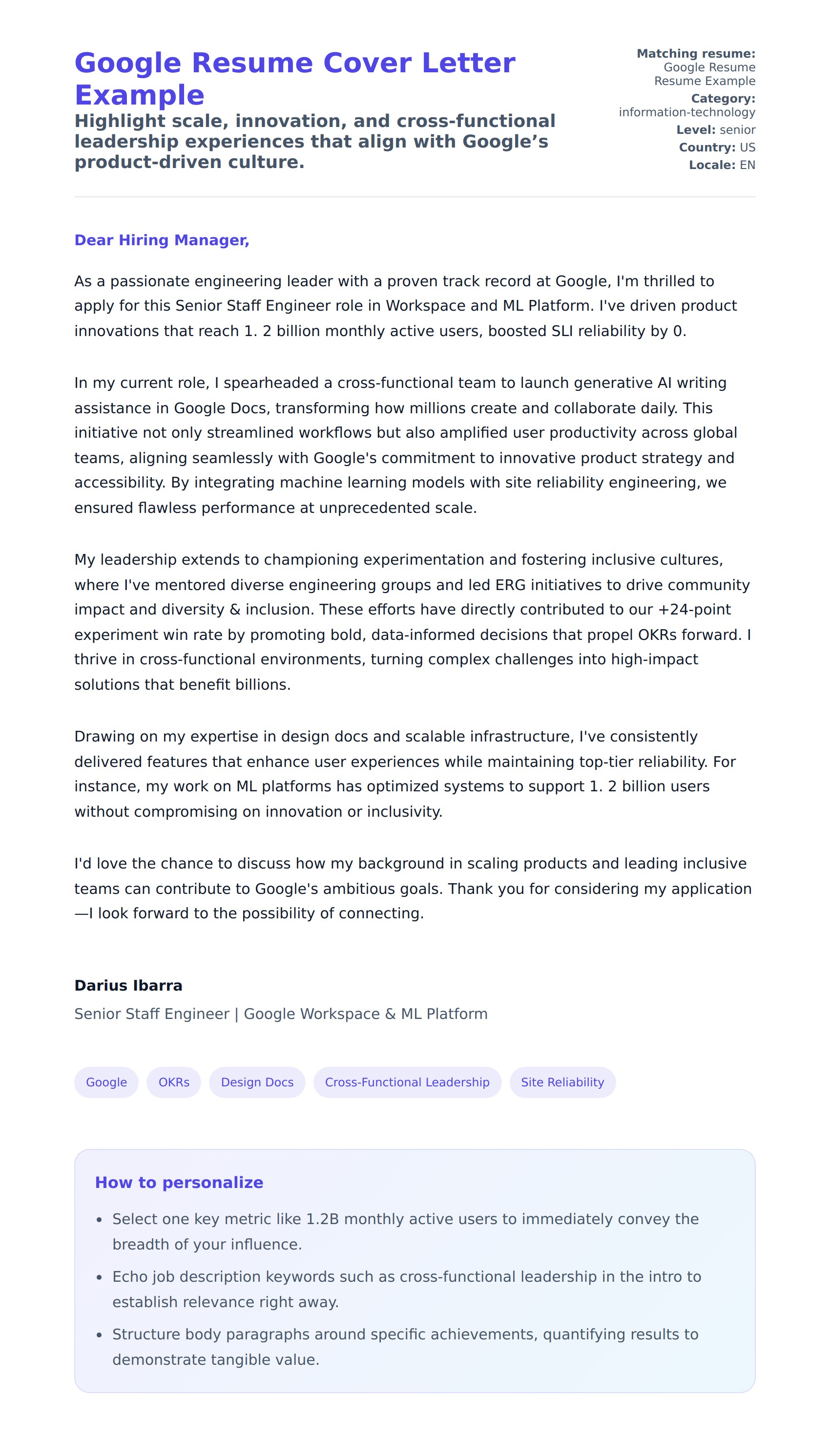 Cover Letter preview for Google Resume Cover Letter Example