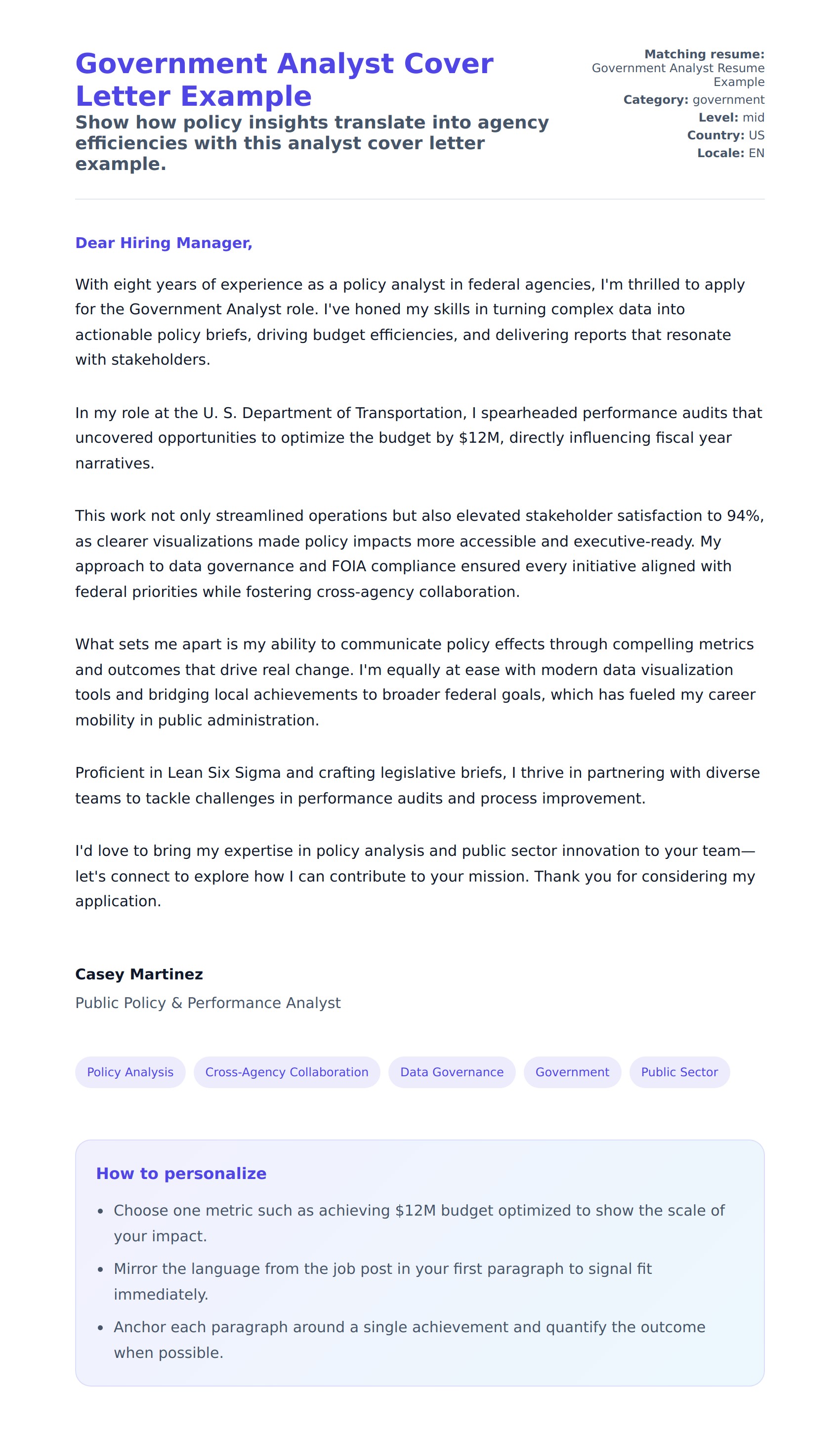 Cover Letter preview for Government Analyst Cover Letter Example