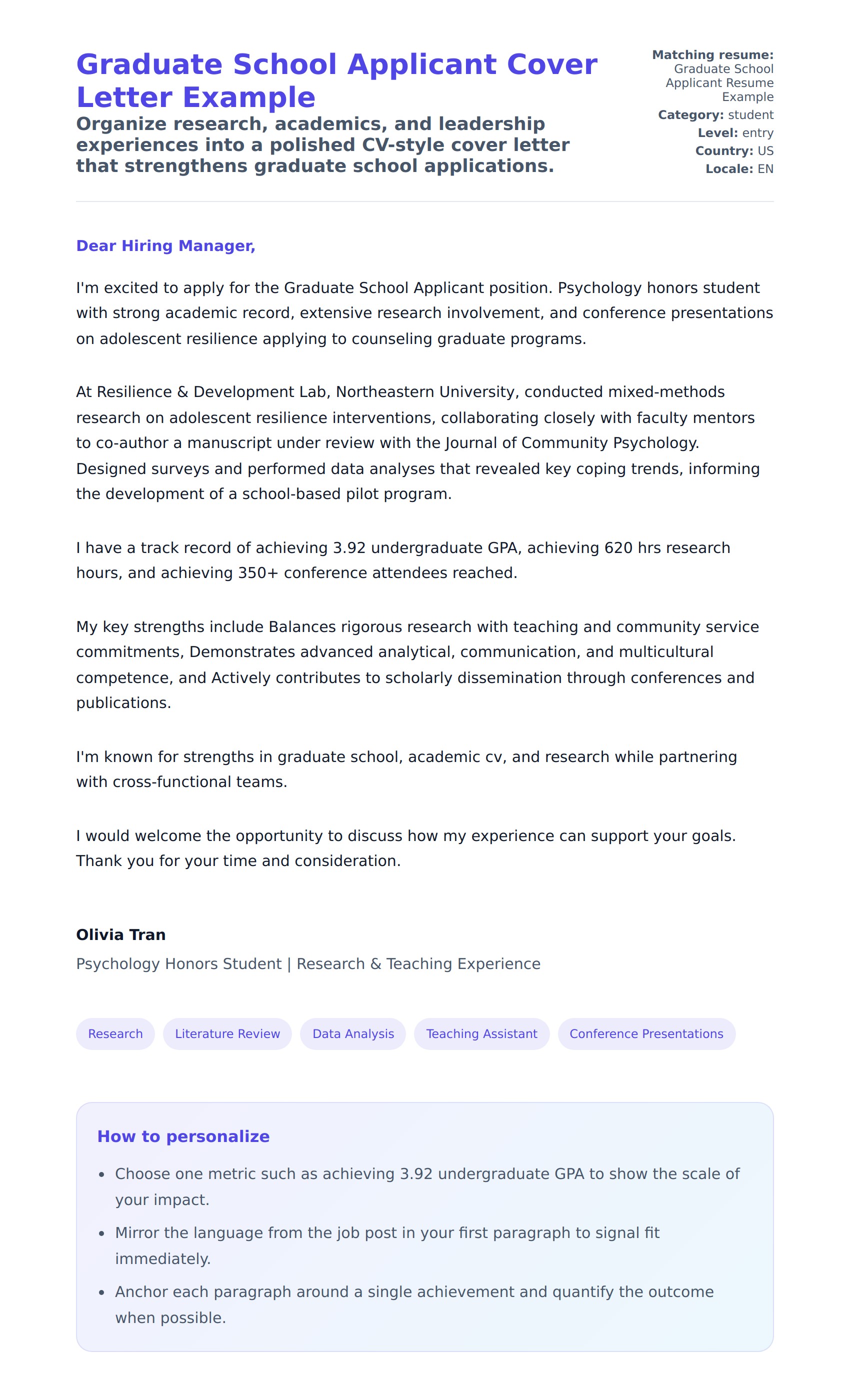 Cover Letter preview for Graduate School Applicant Cover Letter Example