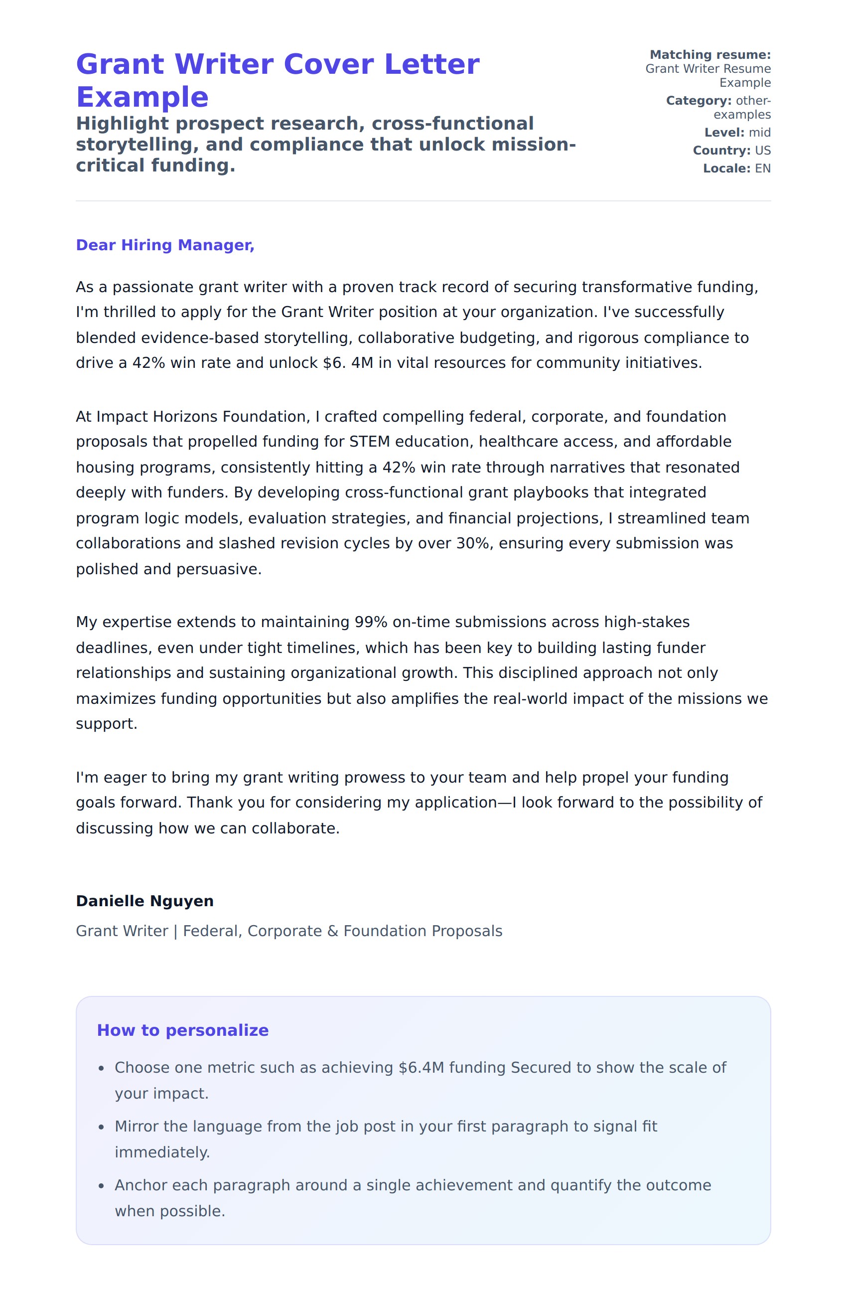 Cover Letter preview for Grant Writer Cover Letter Example