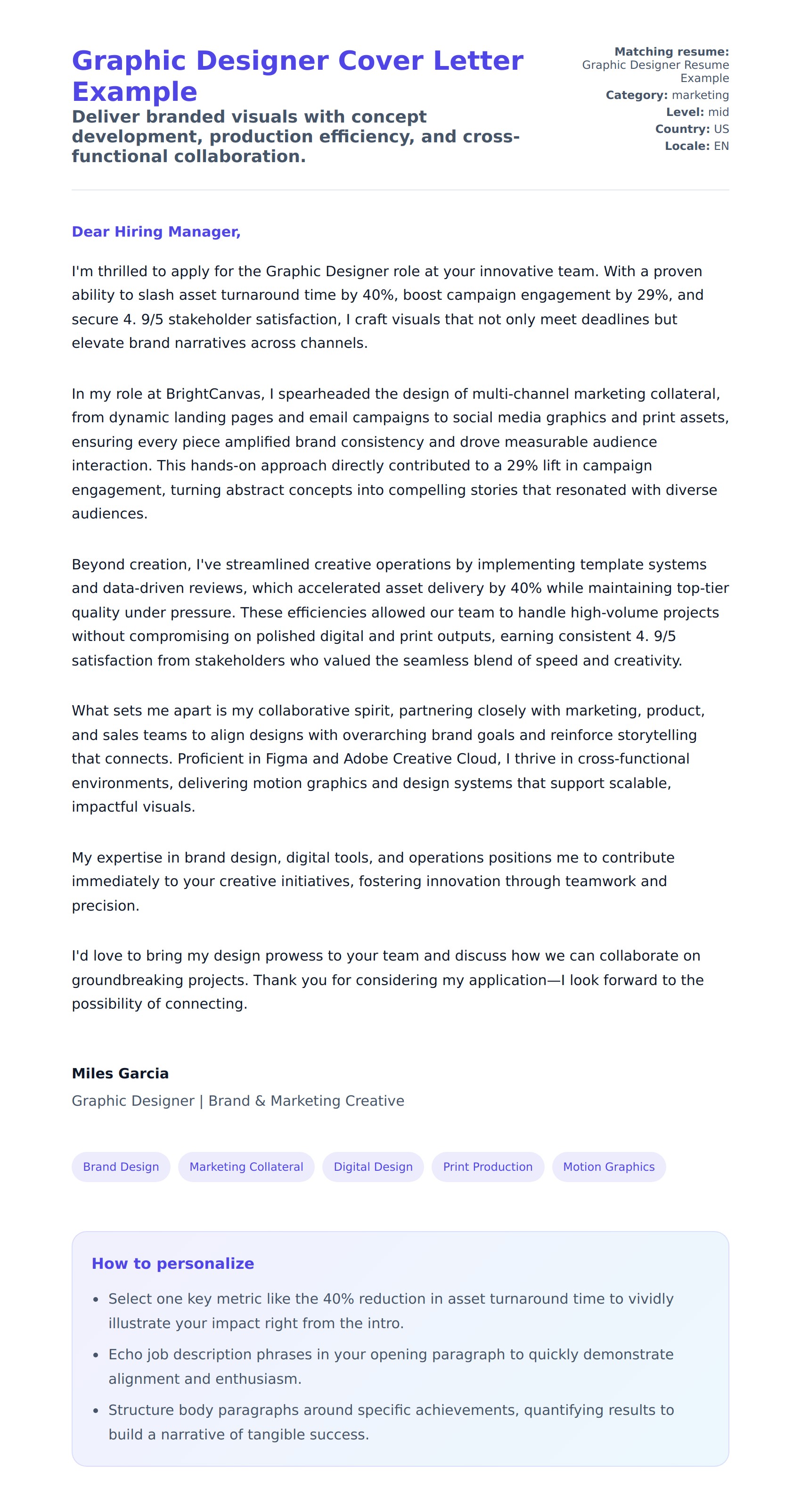 Cover Letter preview for Graphic Designer Cover Letter Example