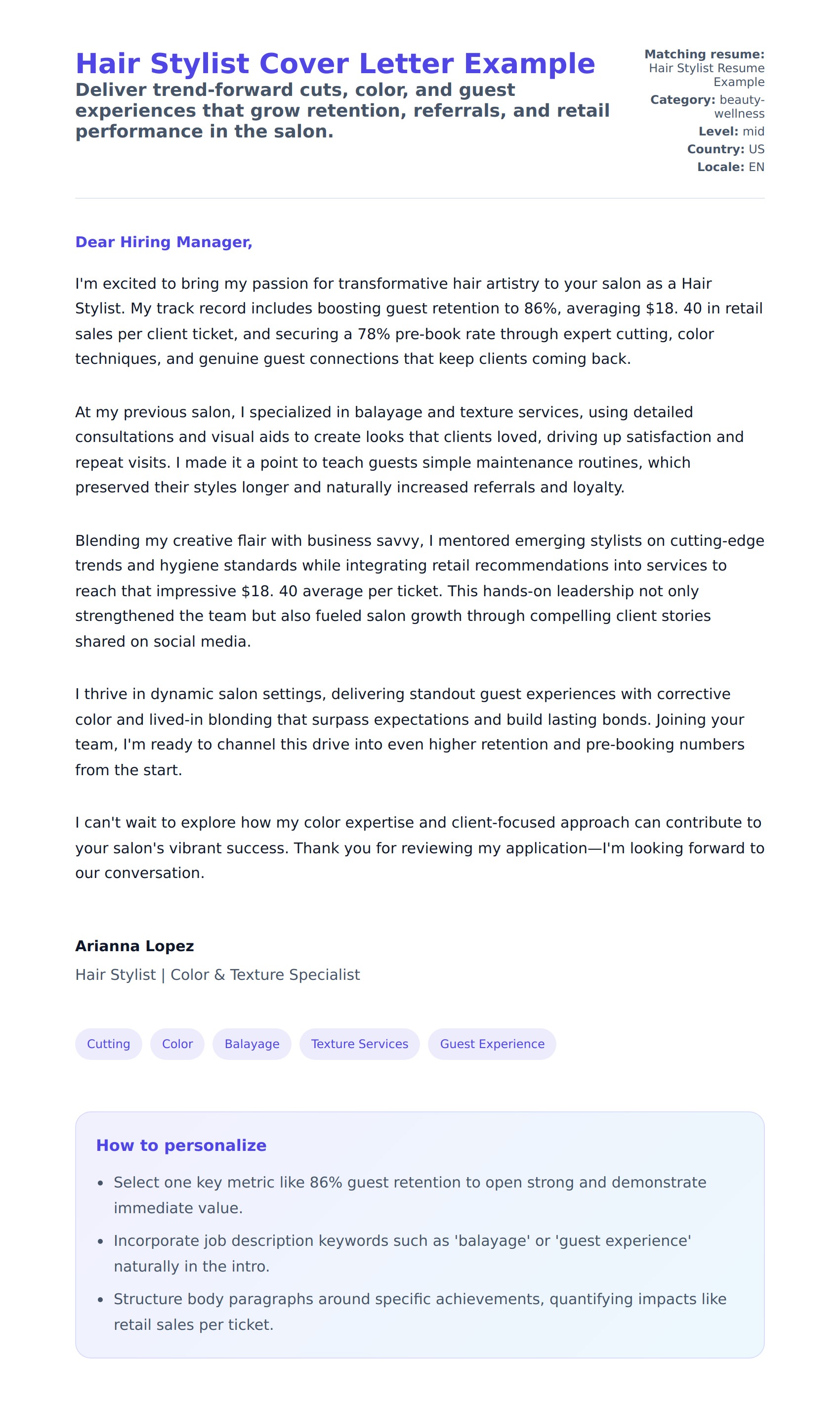Cover Letter preview for Hair Stylist Cover Letter Example