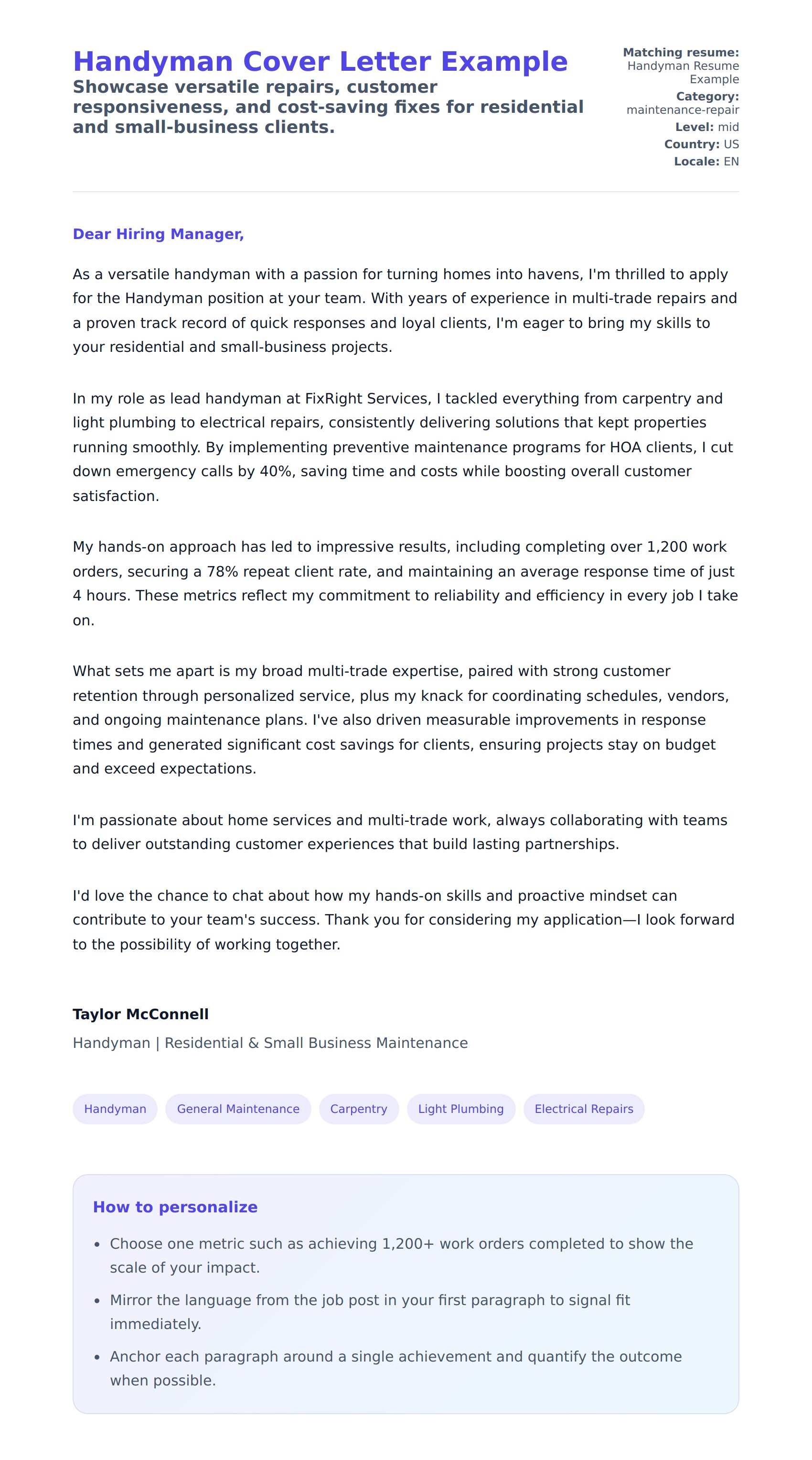 Cover Letter preview for Handyman Cover Letter Example
