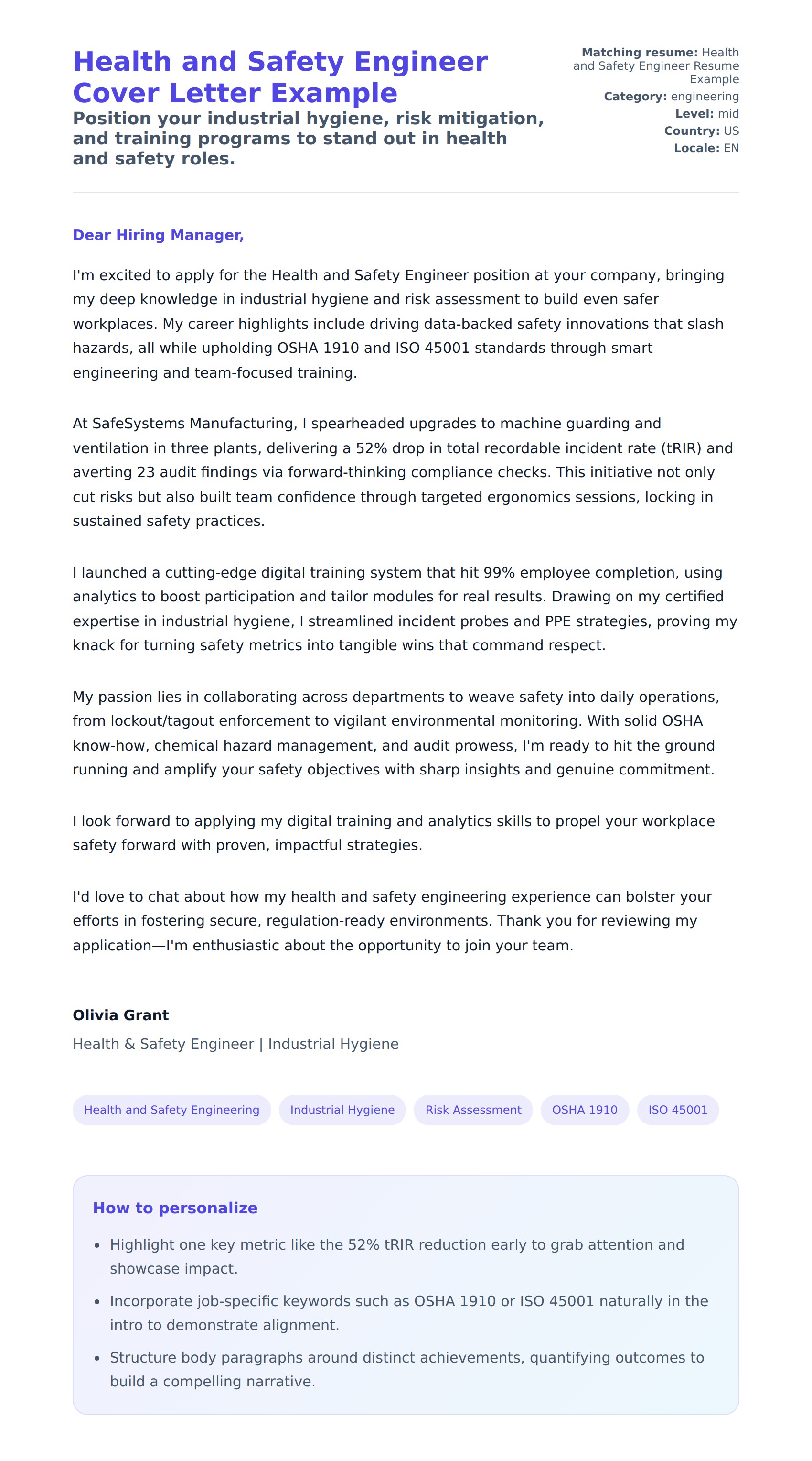 Cover Letter preview for Health and Safety Engineer Cover Letter Example