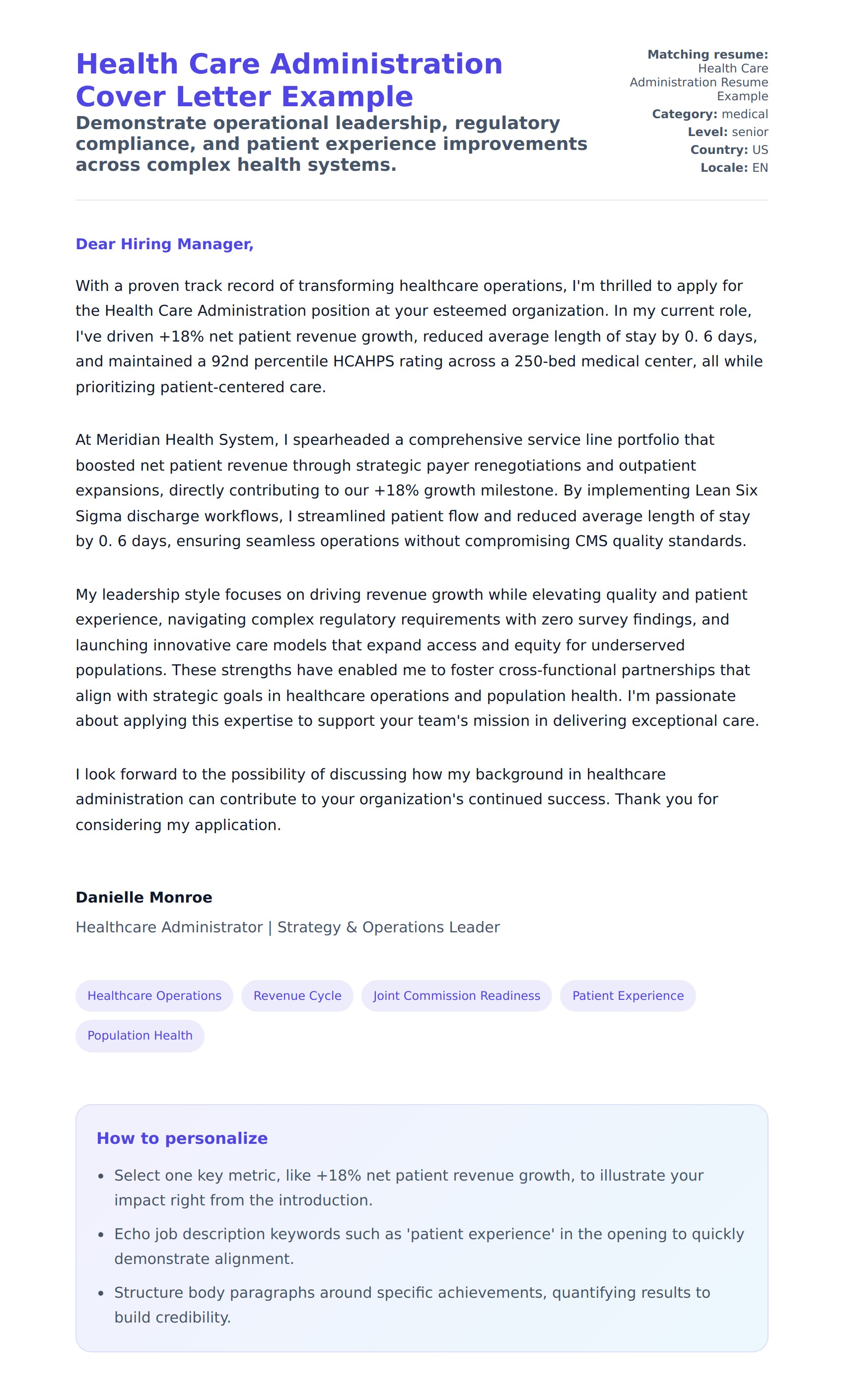 Cover Letter preview for Health Care Administration Cover Letter Example