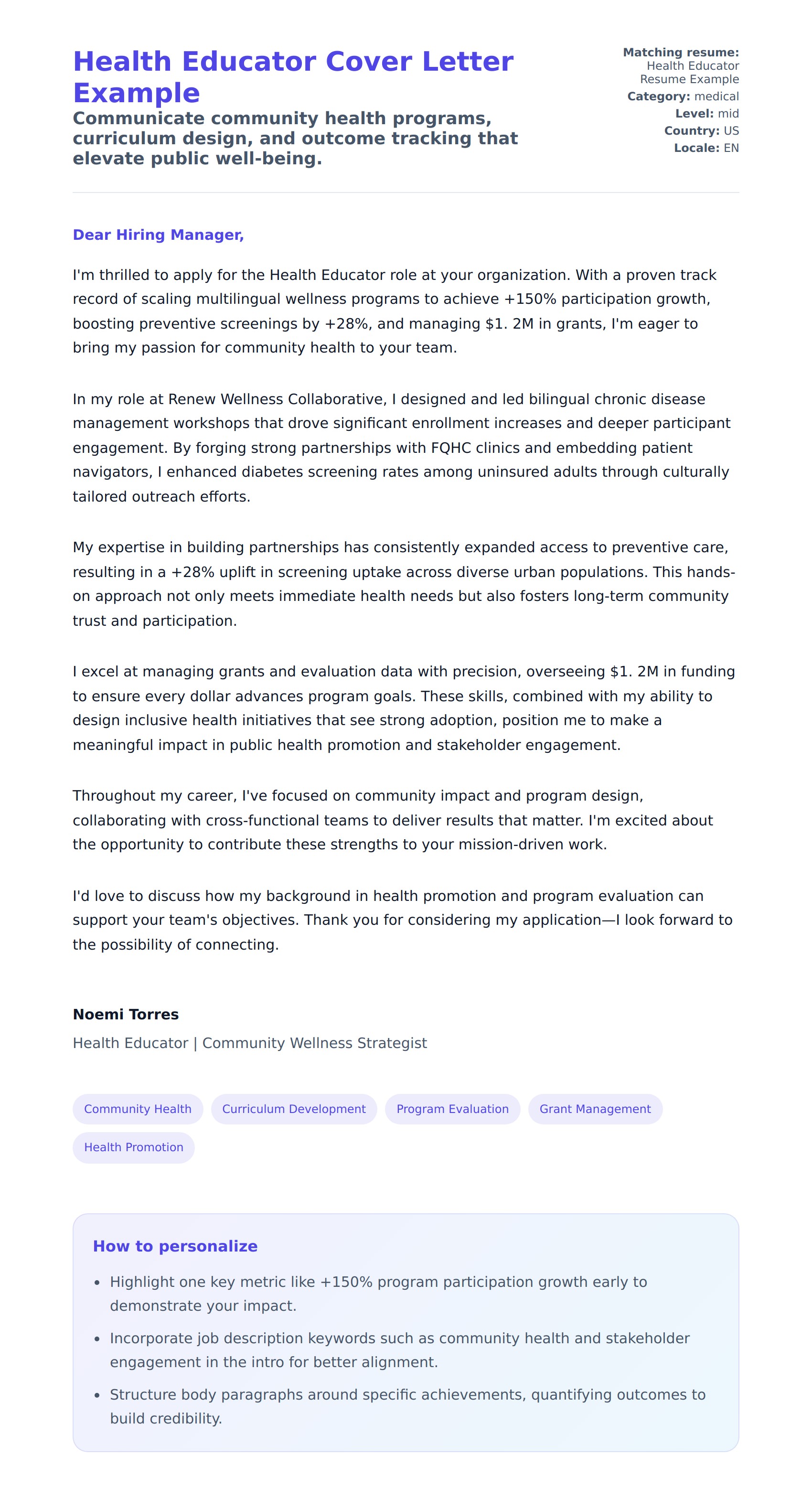 Cover Letter preview for Health Educator Cover Letter Example