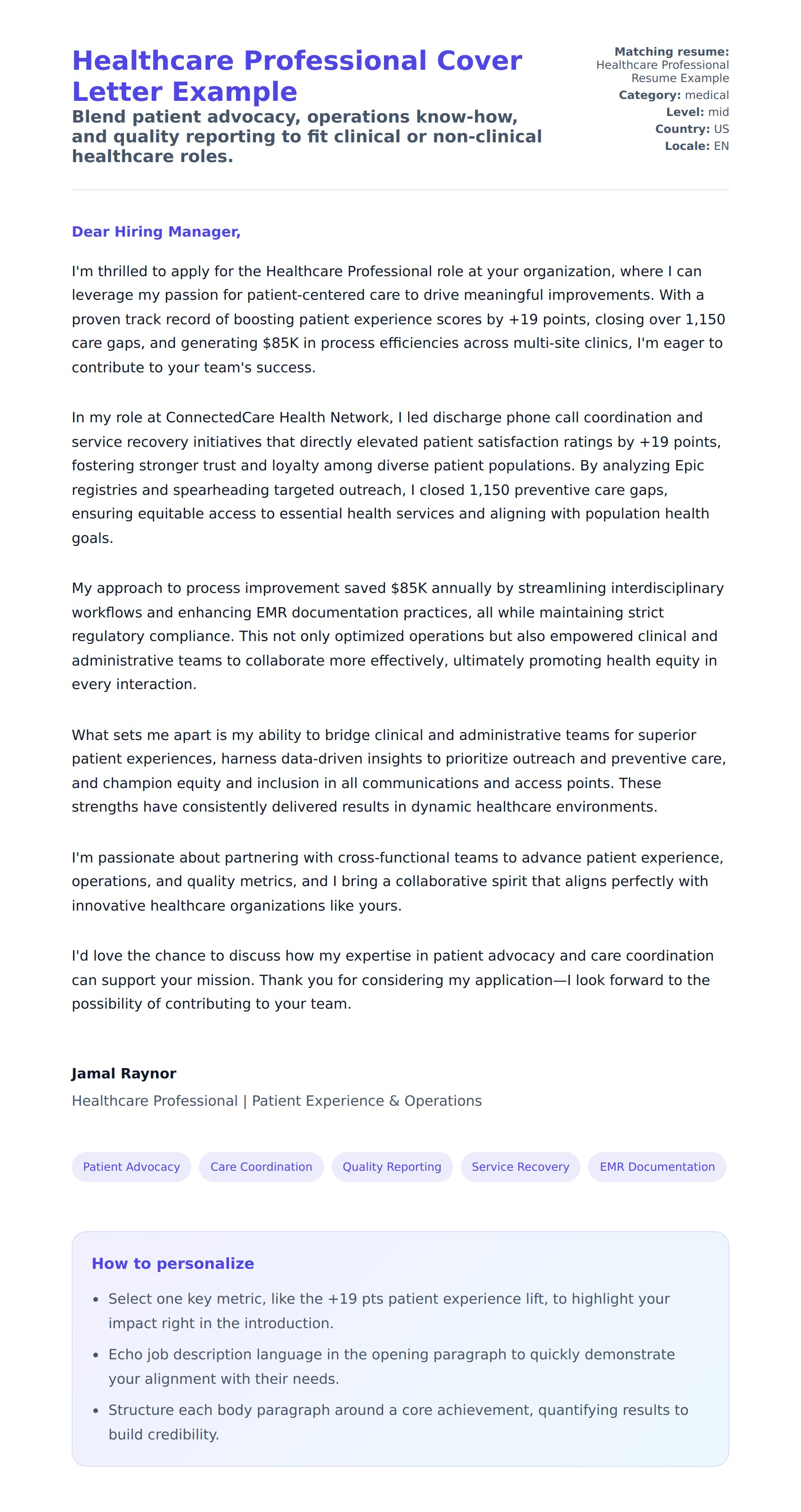 Cover Letter preview for Healthcare Professional Cover Letter Example