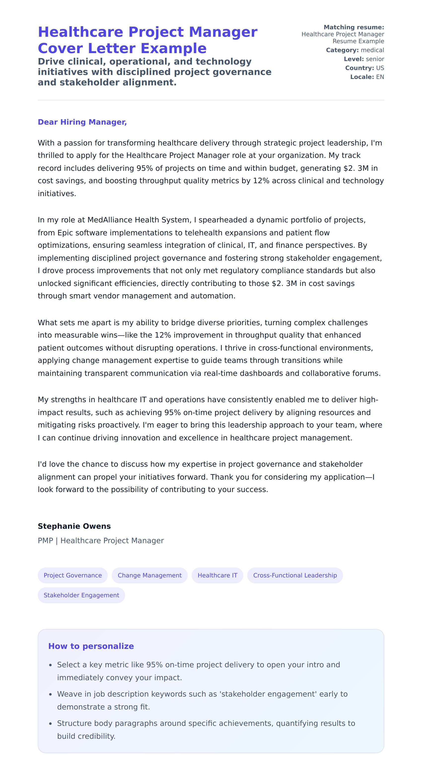 Cover Letter preview for Healthcare Project Manager Cover Letter Example