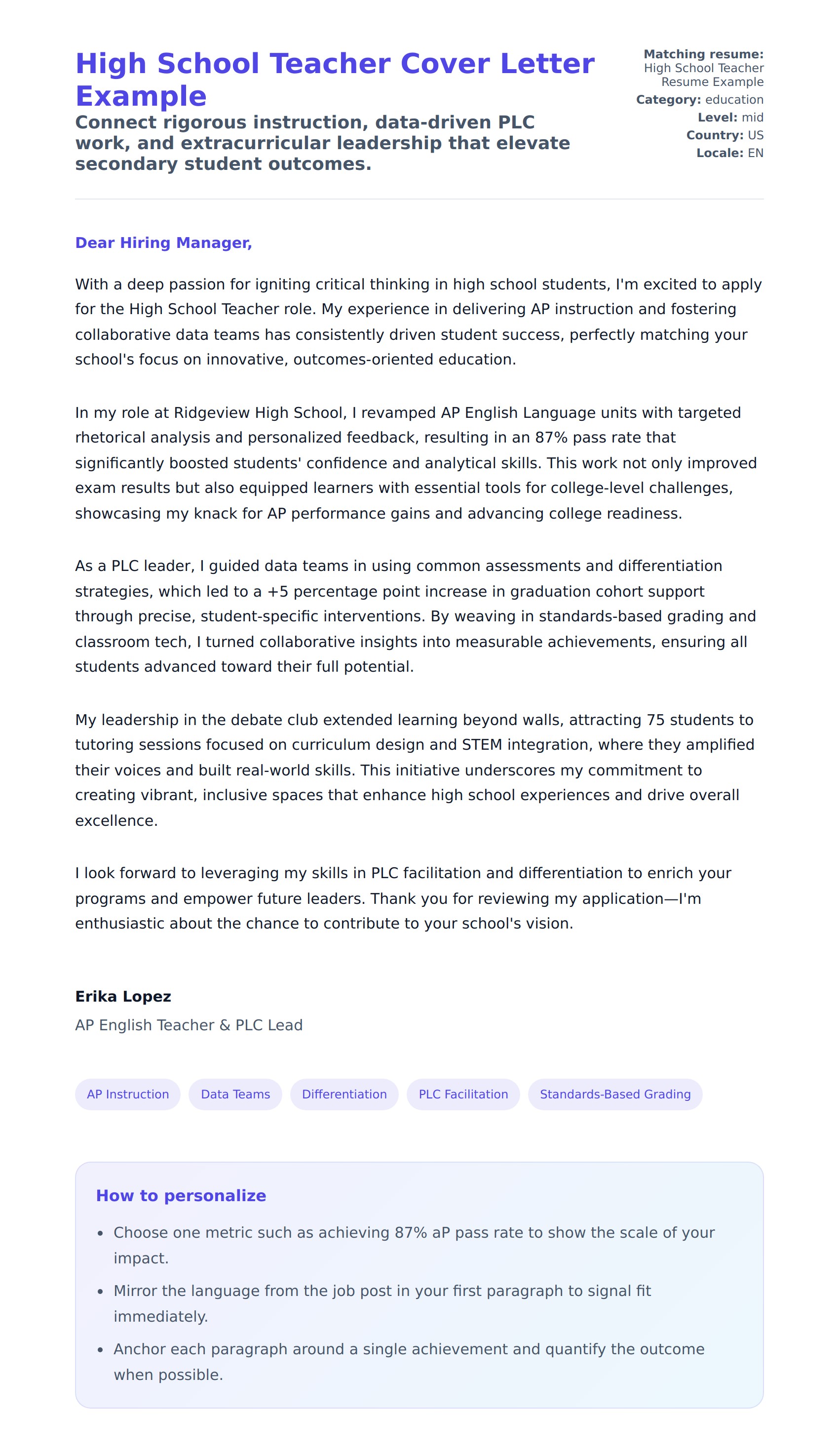 Cover Letter preview for High School Teacher Cover Letter Example