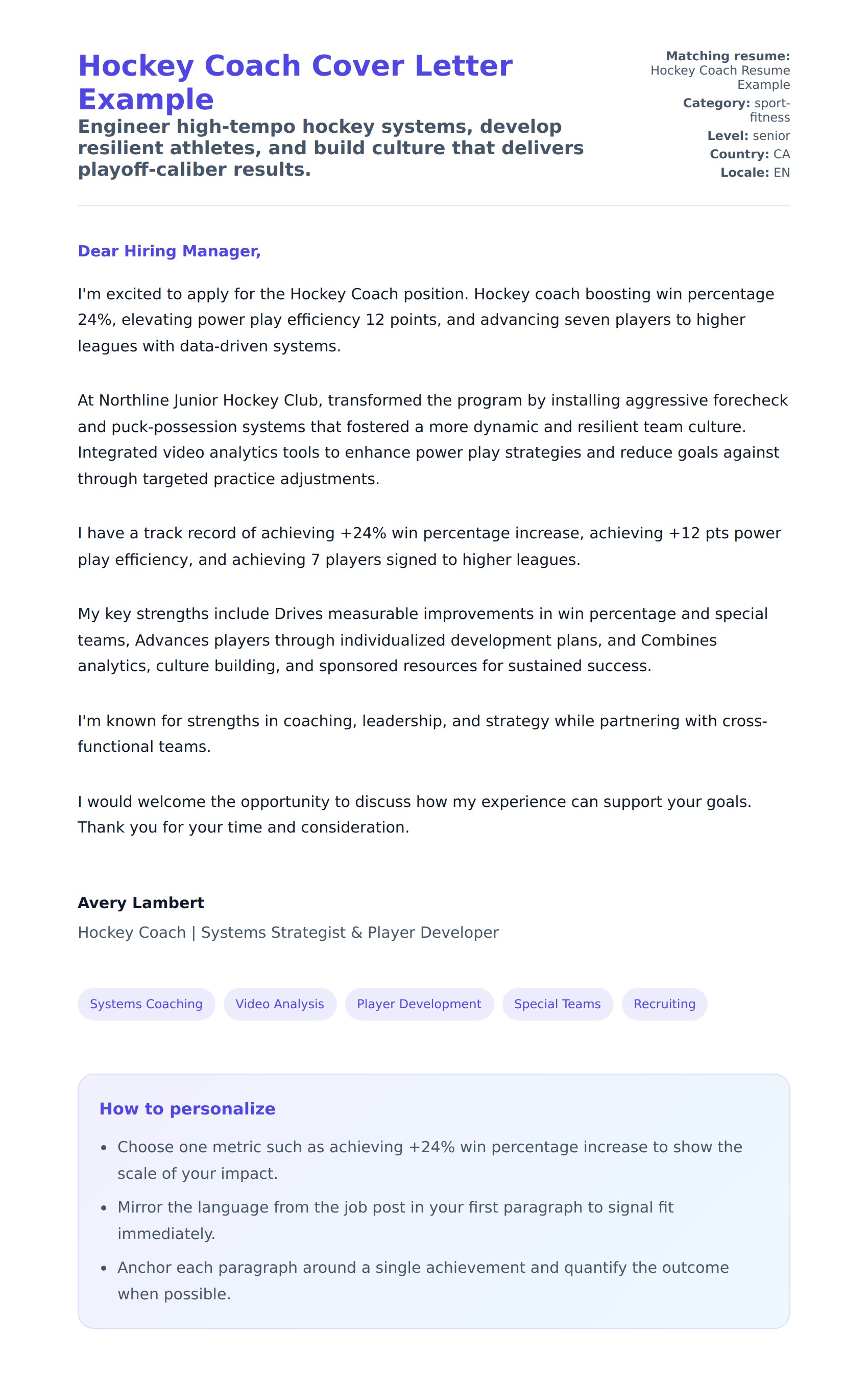 Cover Letter preview for Hockey Coach Cover Letter Example