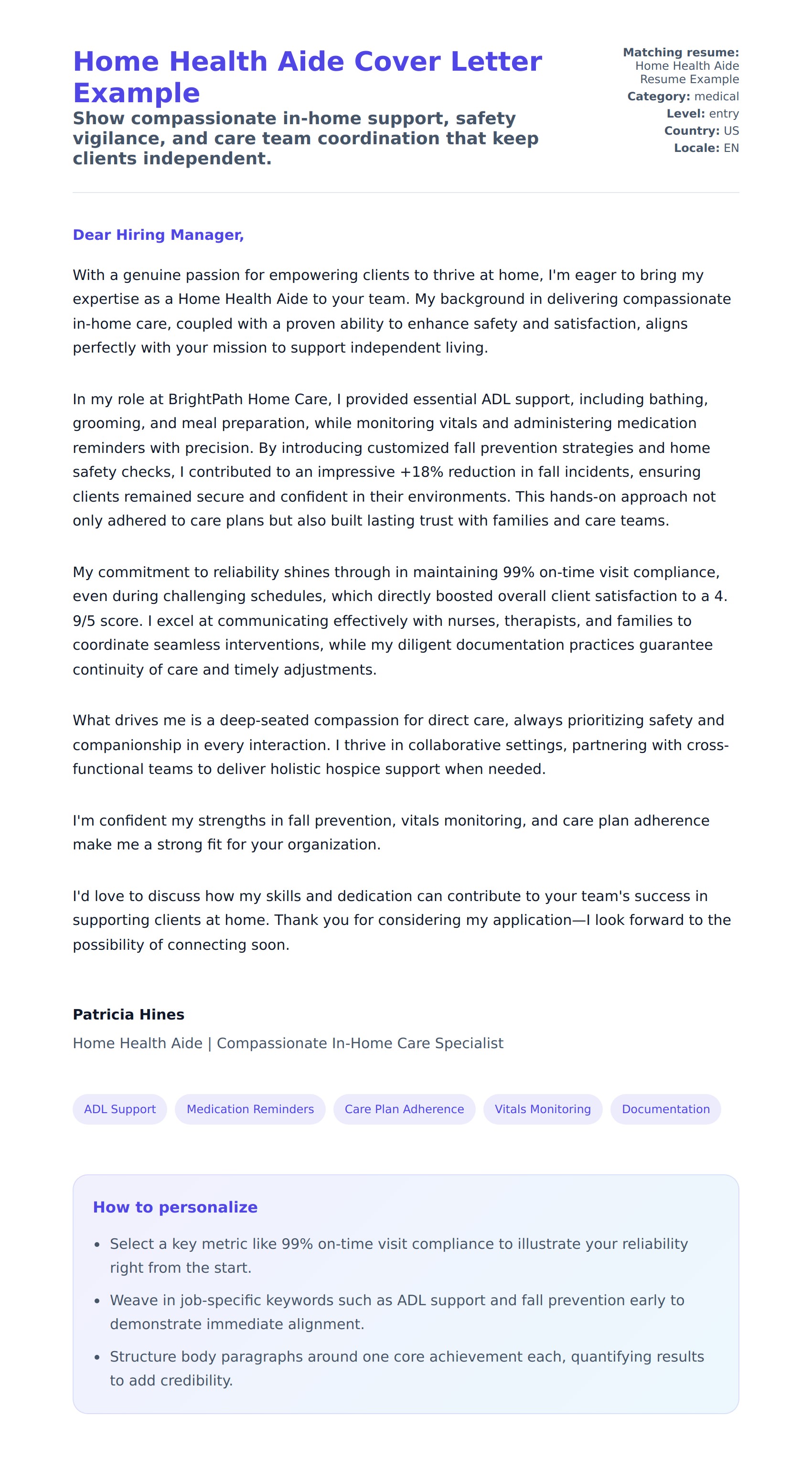 Cover Letter preview for Home Health Aide Cover Letter Example