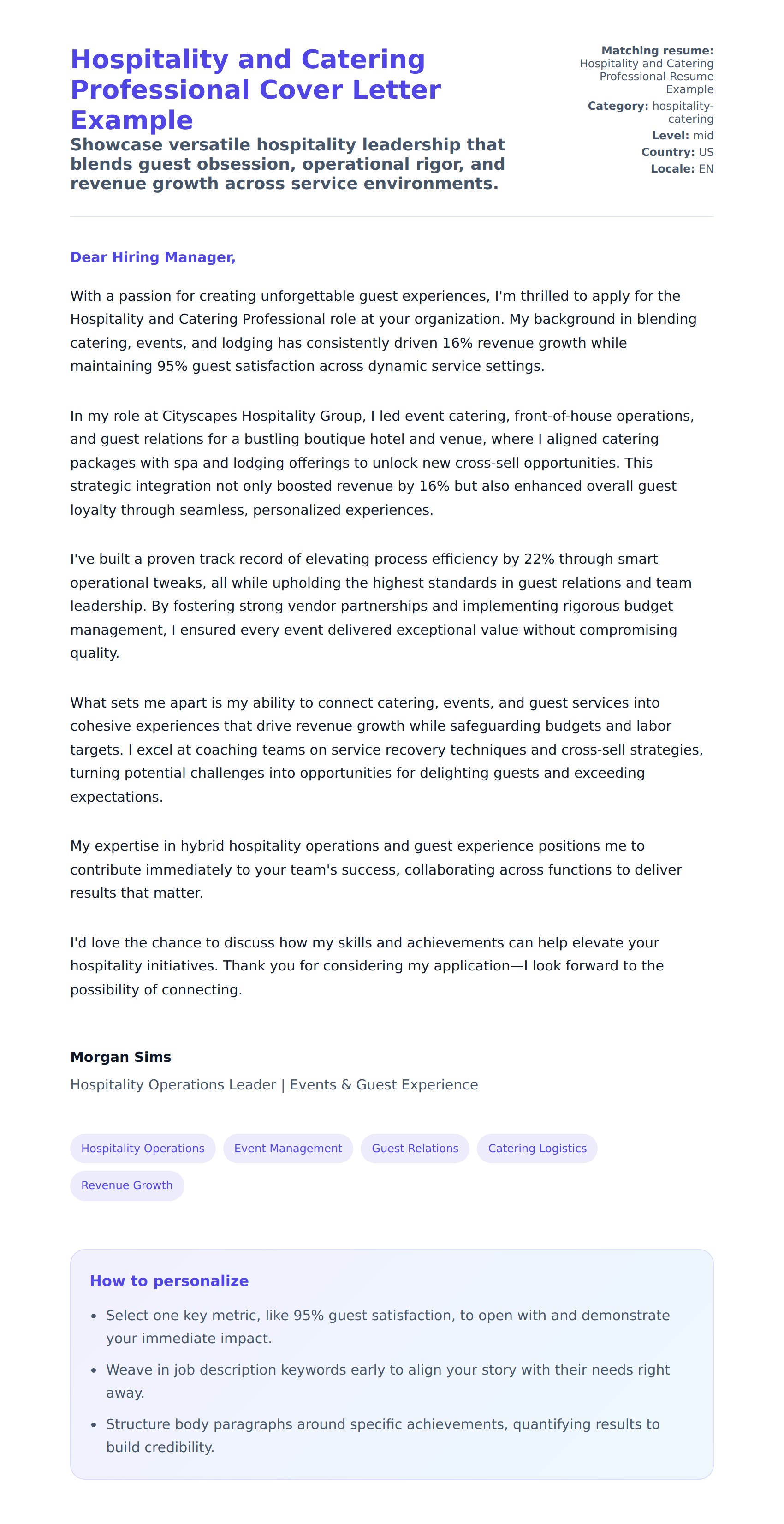 Cover Letter preview for Hospitality and Catering Professional Cover Letter Example
