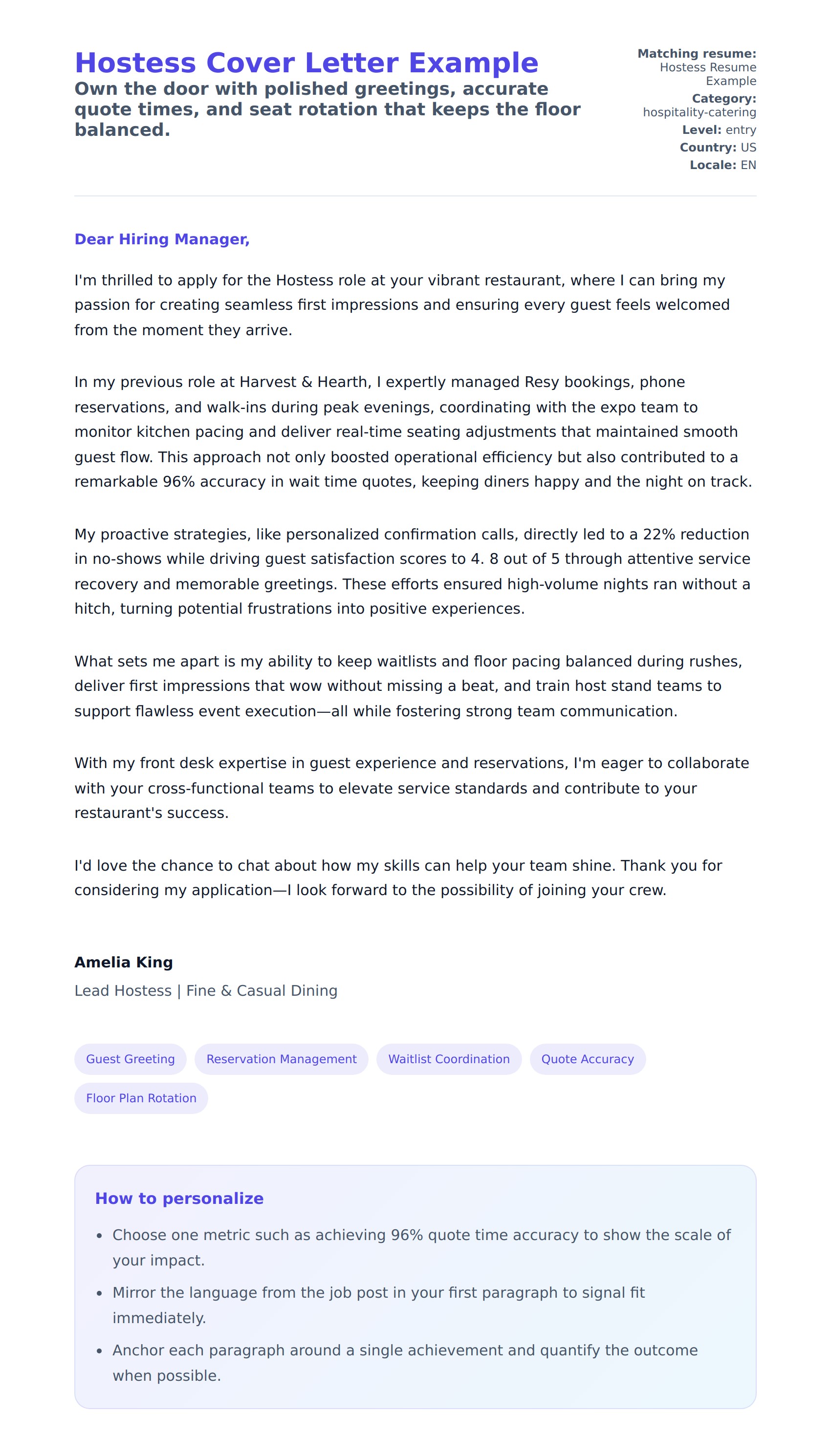 Cover Letter preview for Hostess Cover Letter Example