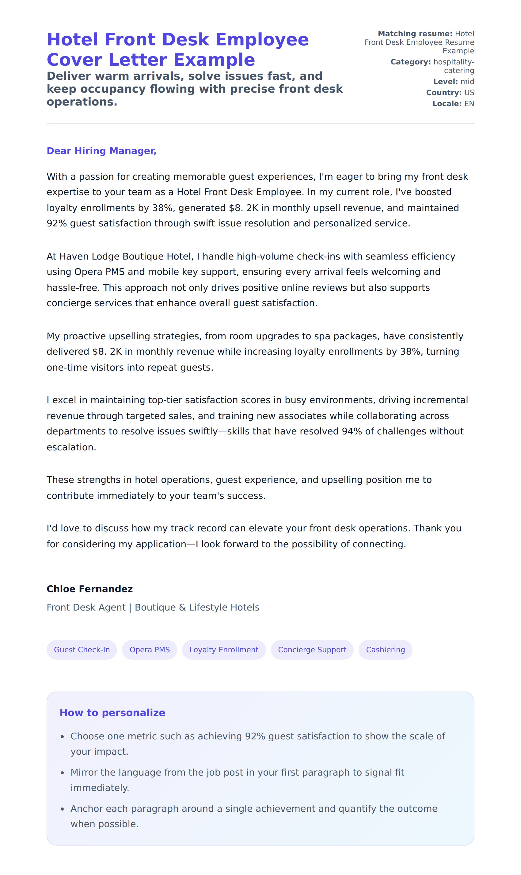 Cover Letter preview for Hotel Front Desk Employee Cover Letter Example