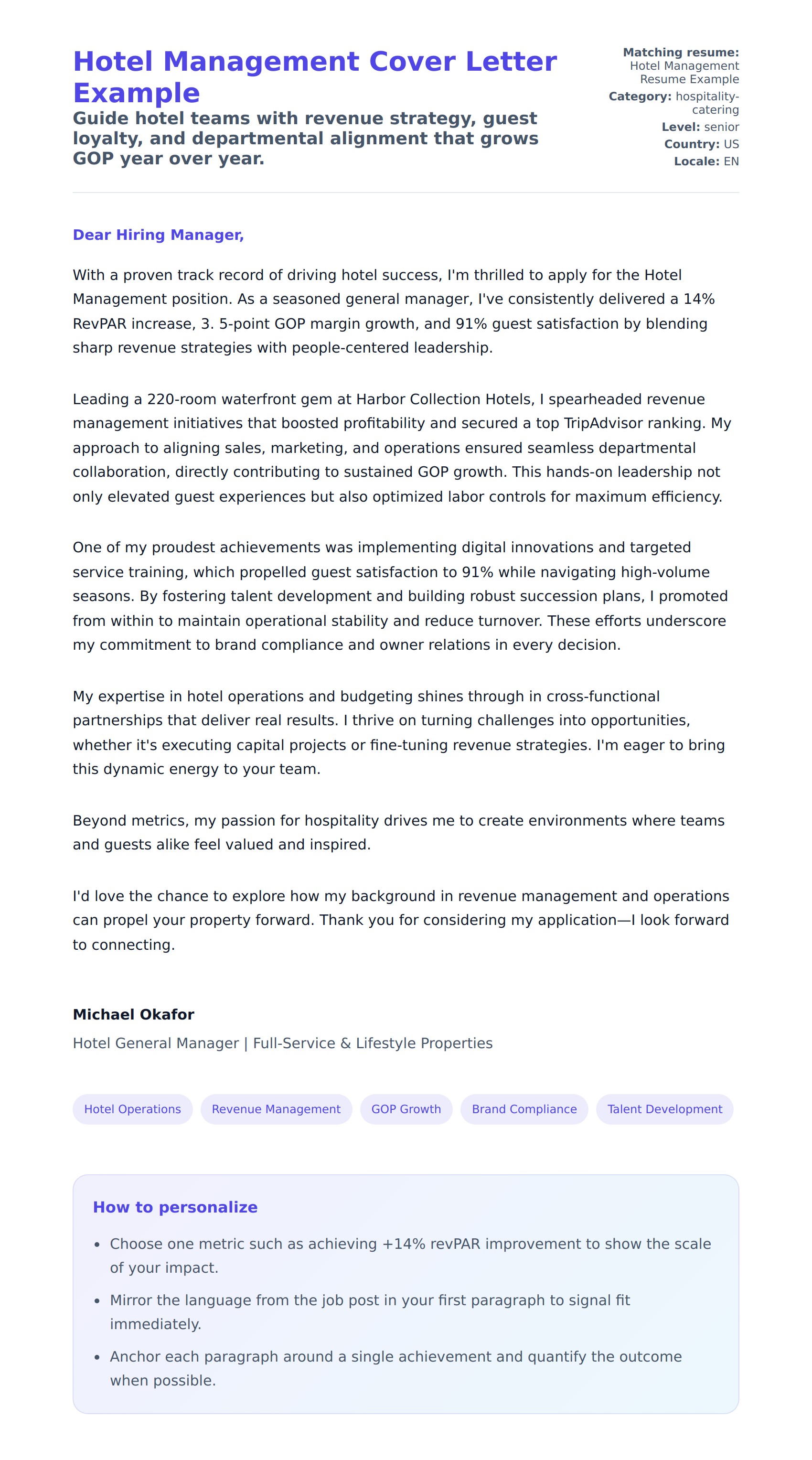Cover Letter preview for Hotel Management Cover Letter Example