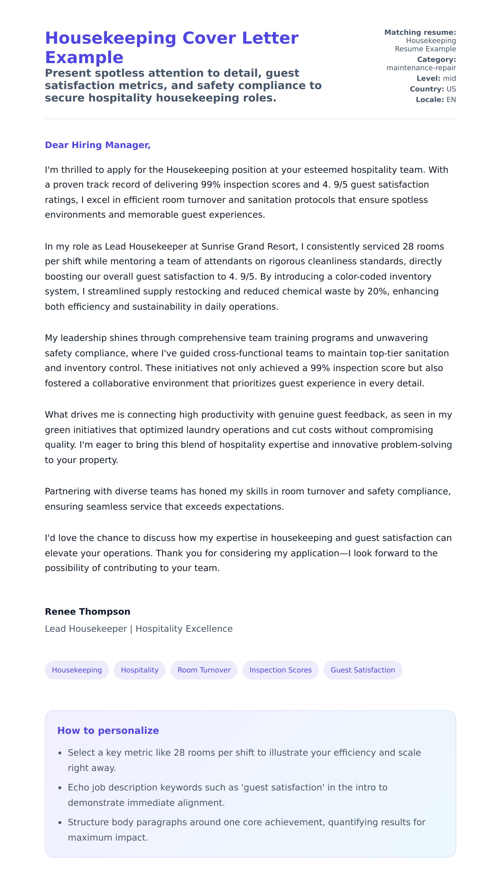 Cover Letter preview for Housekeeping Cover Letter Example
