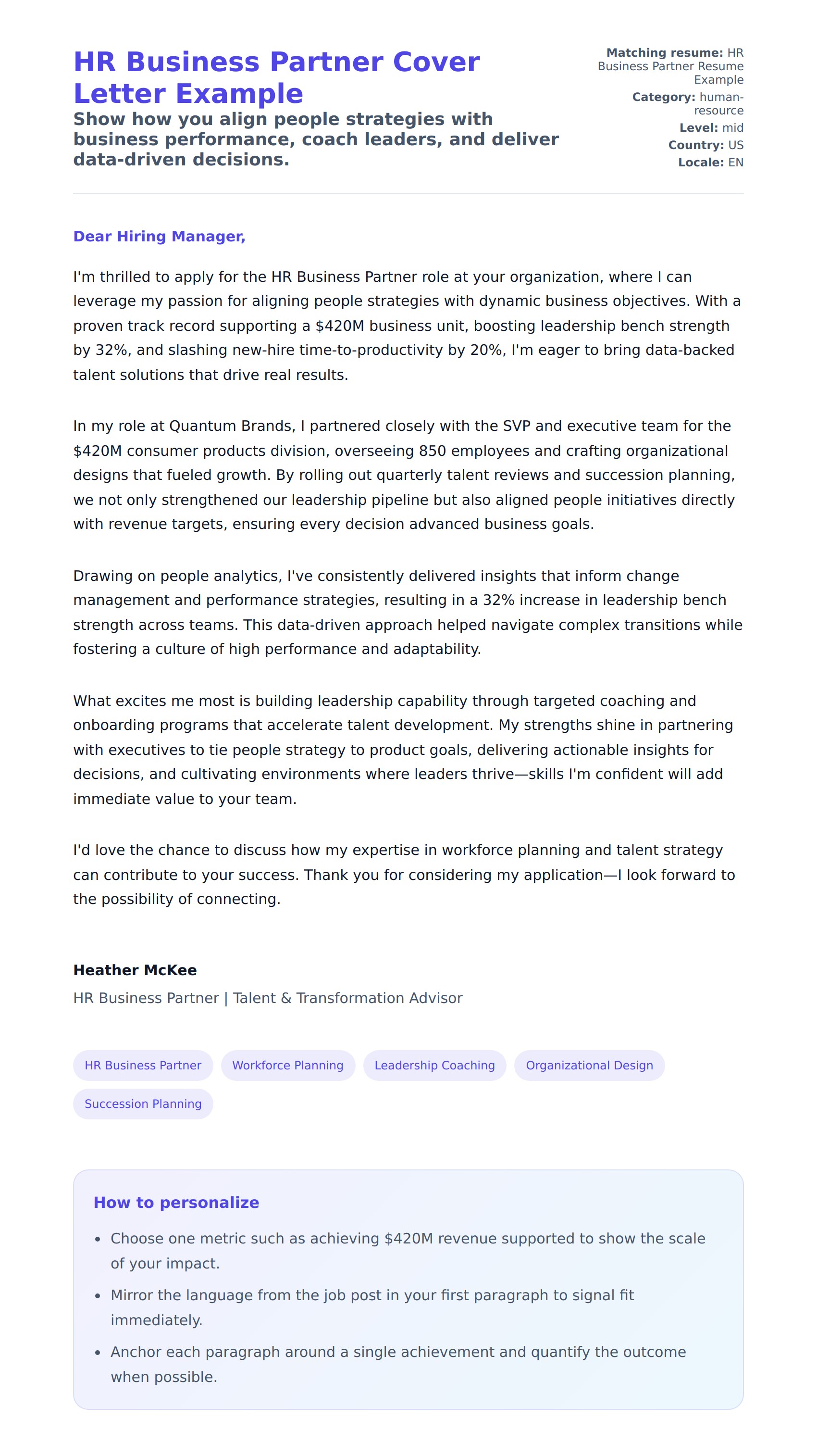 Cover Letter preview for HR Business Partner Cover Letter Example