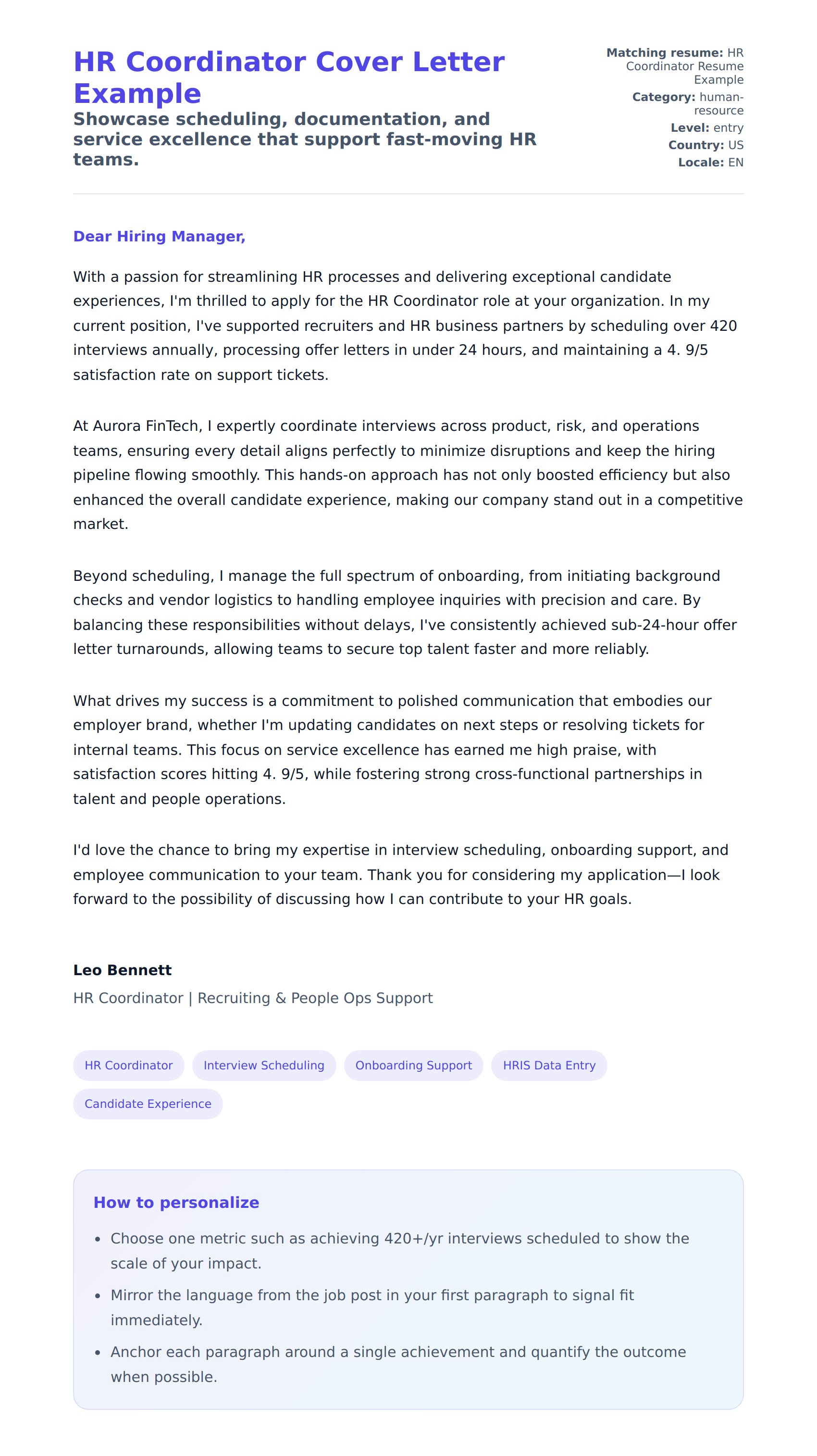 Cover Letter preview for HR Coordinator Cover Letter Example
