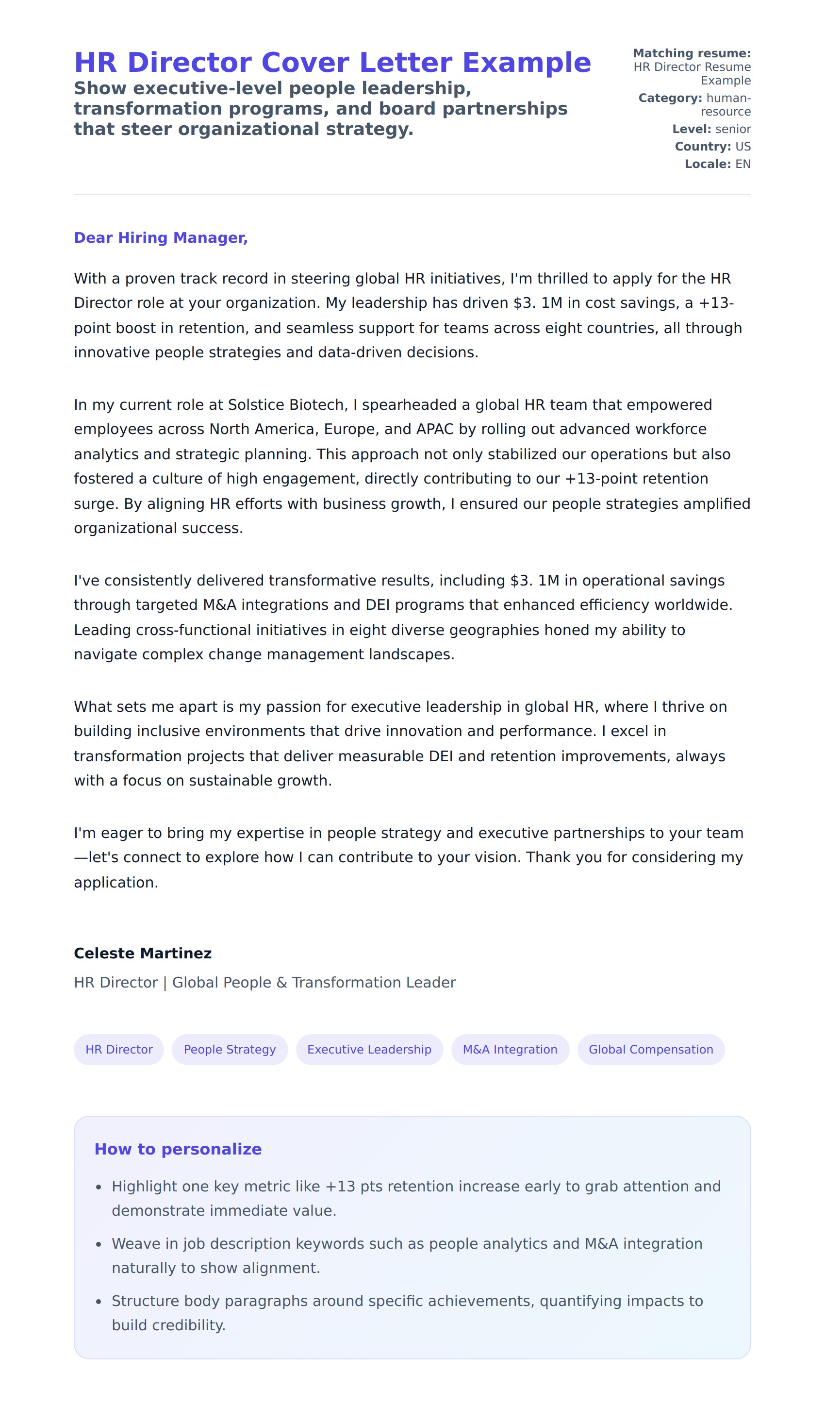 Cover Letter preview for HR Director Cover Letter Example
