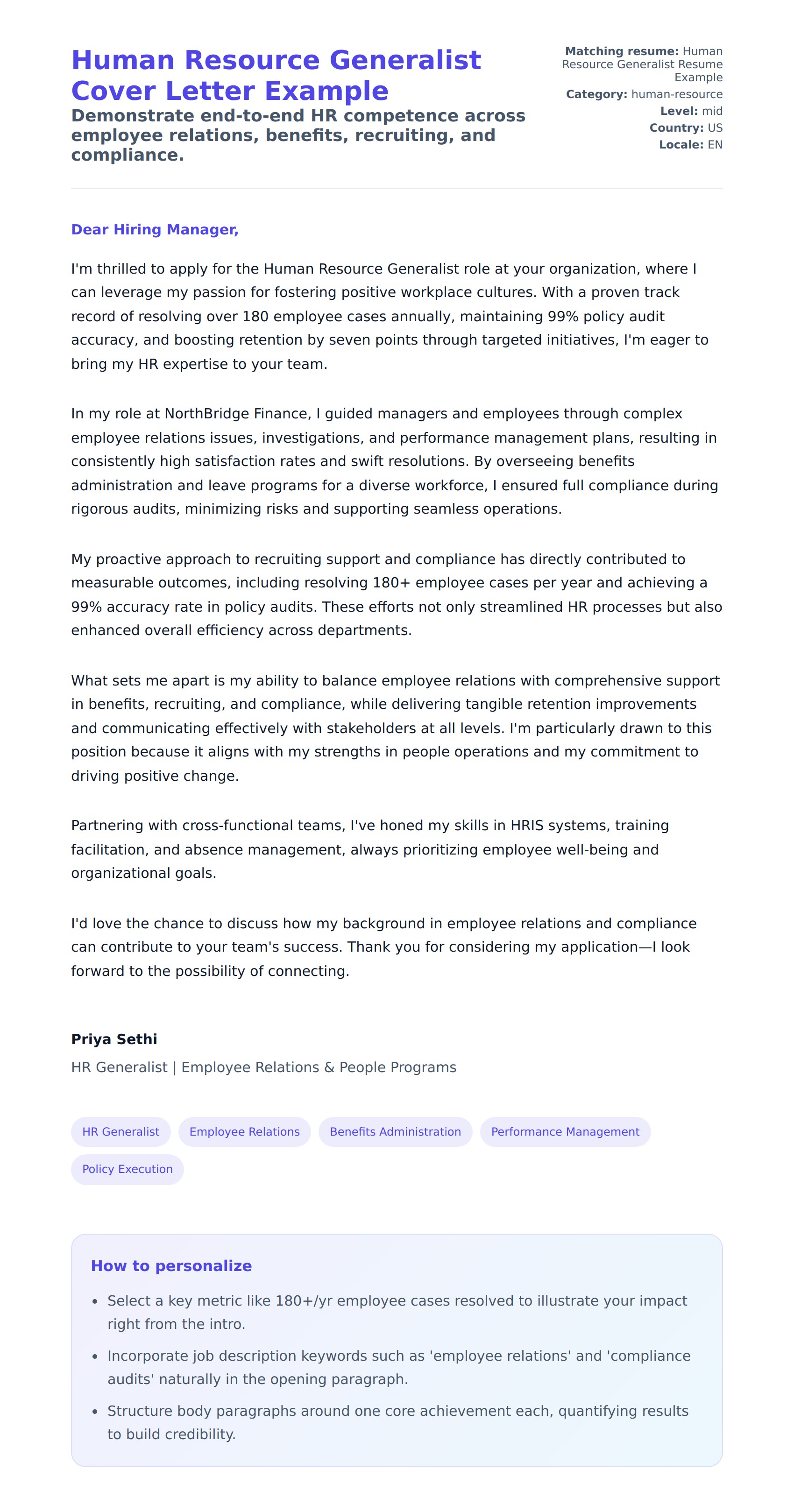 Cover Letter preview for Human Resource Generalist Cover Letter Example