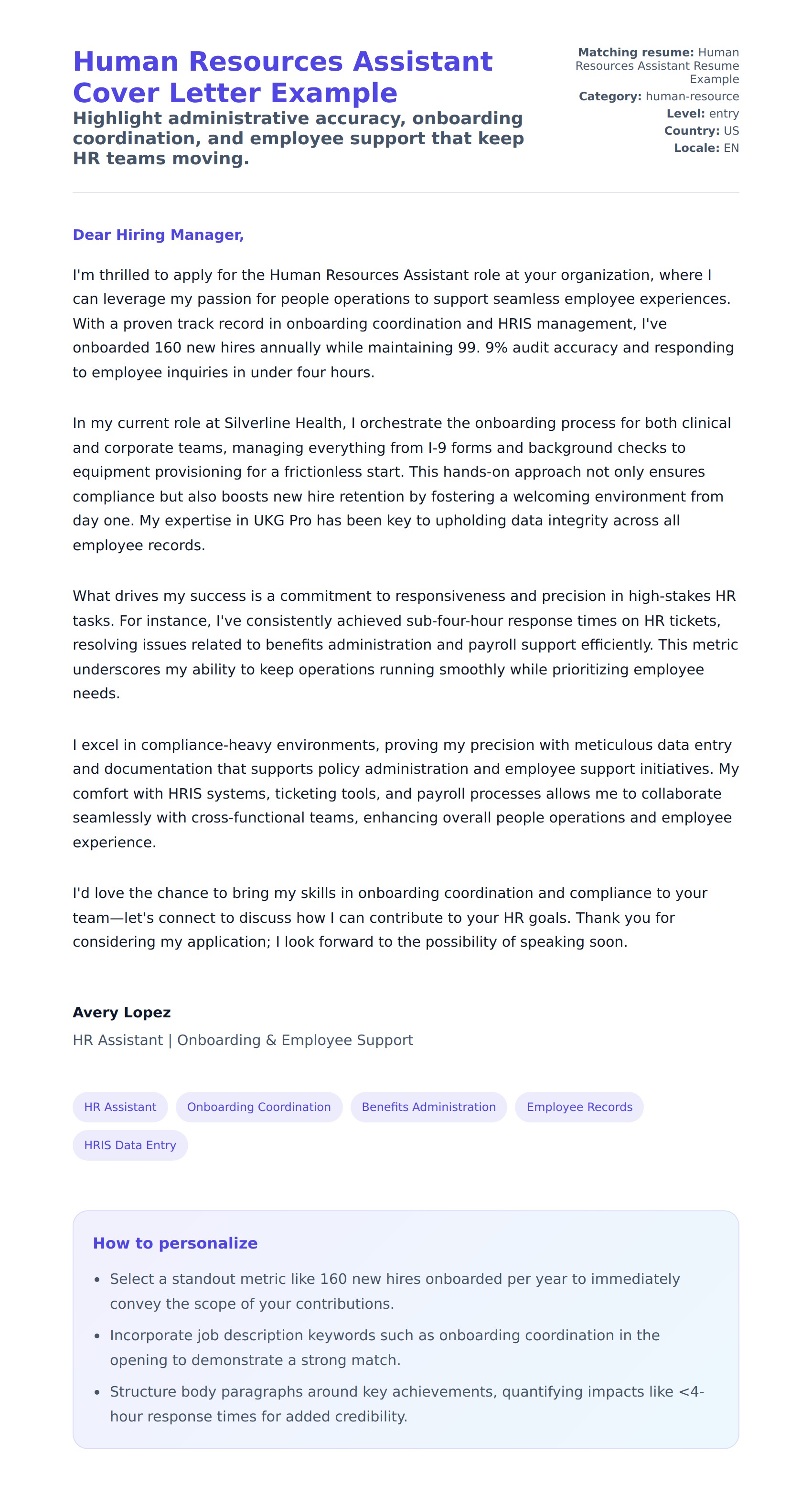 Cover Letter preview for Human Resources Assistant Cover Letter Example