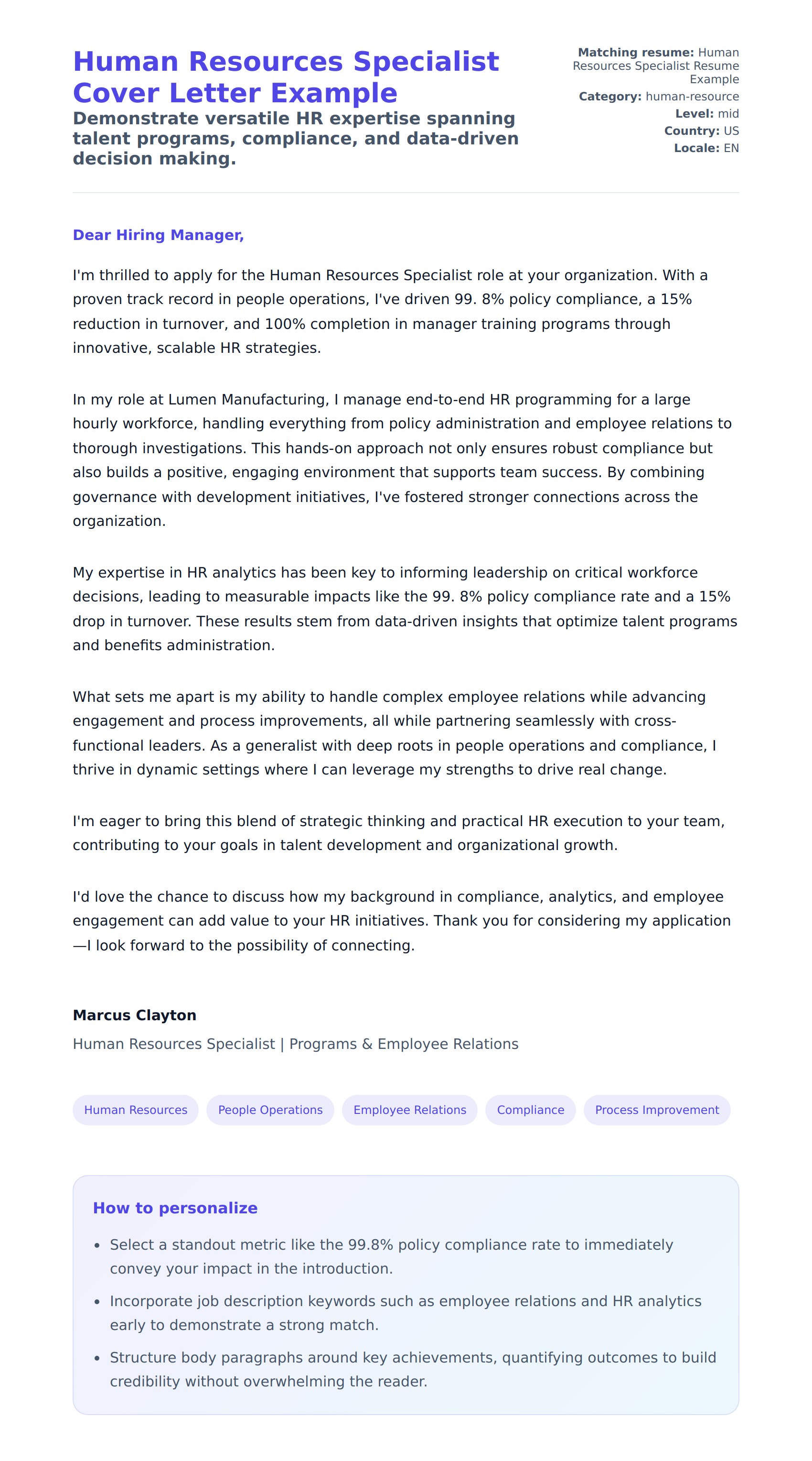 Cover Letter preview for Human Resources Specialist Cover Letter Example