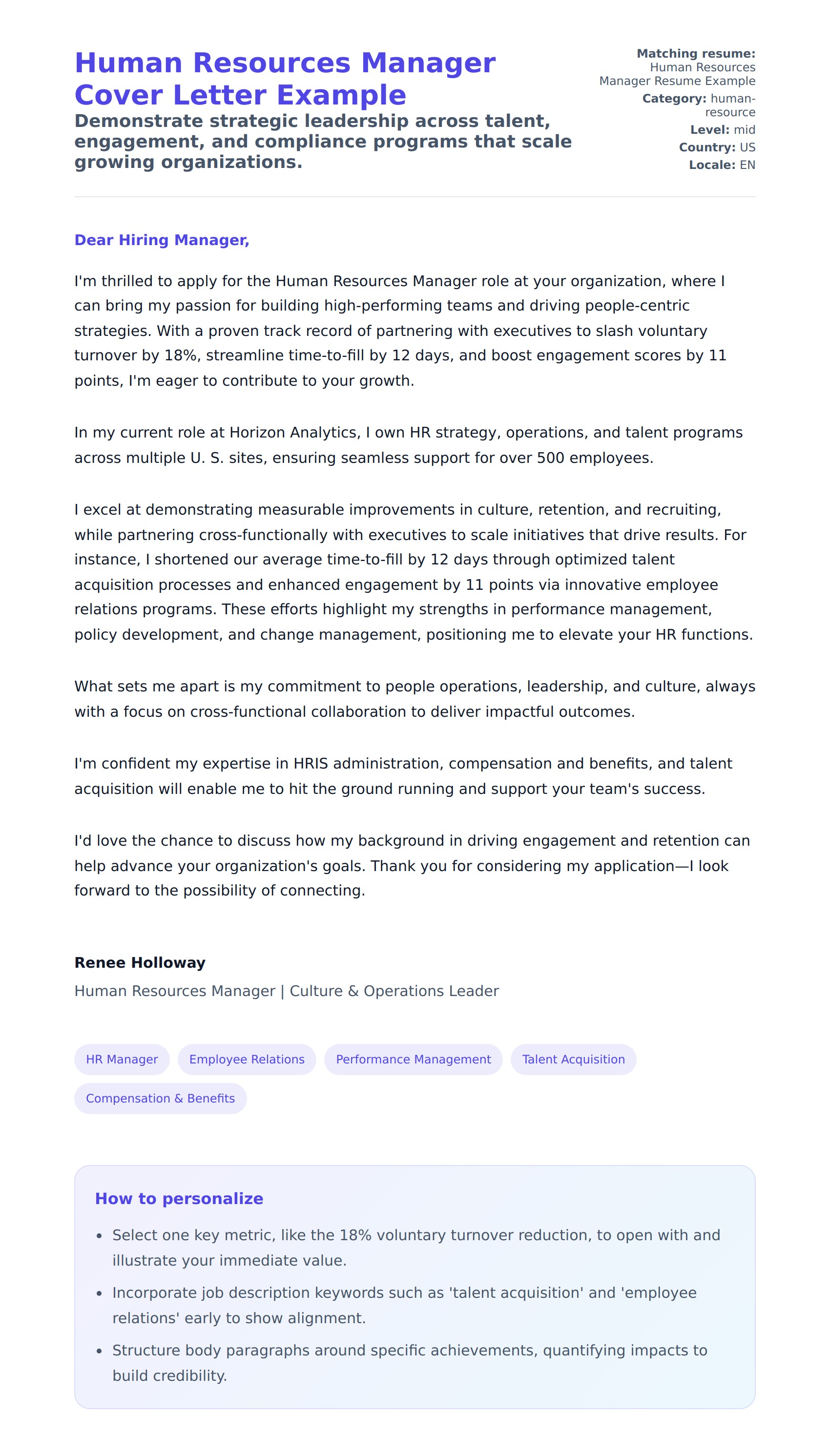 Cover Letter preview for Human Resources Manager Cover Letter Example