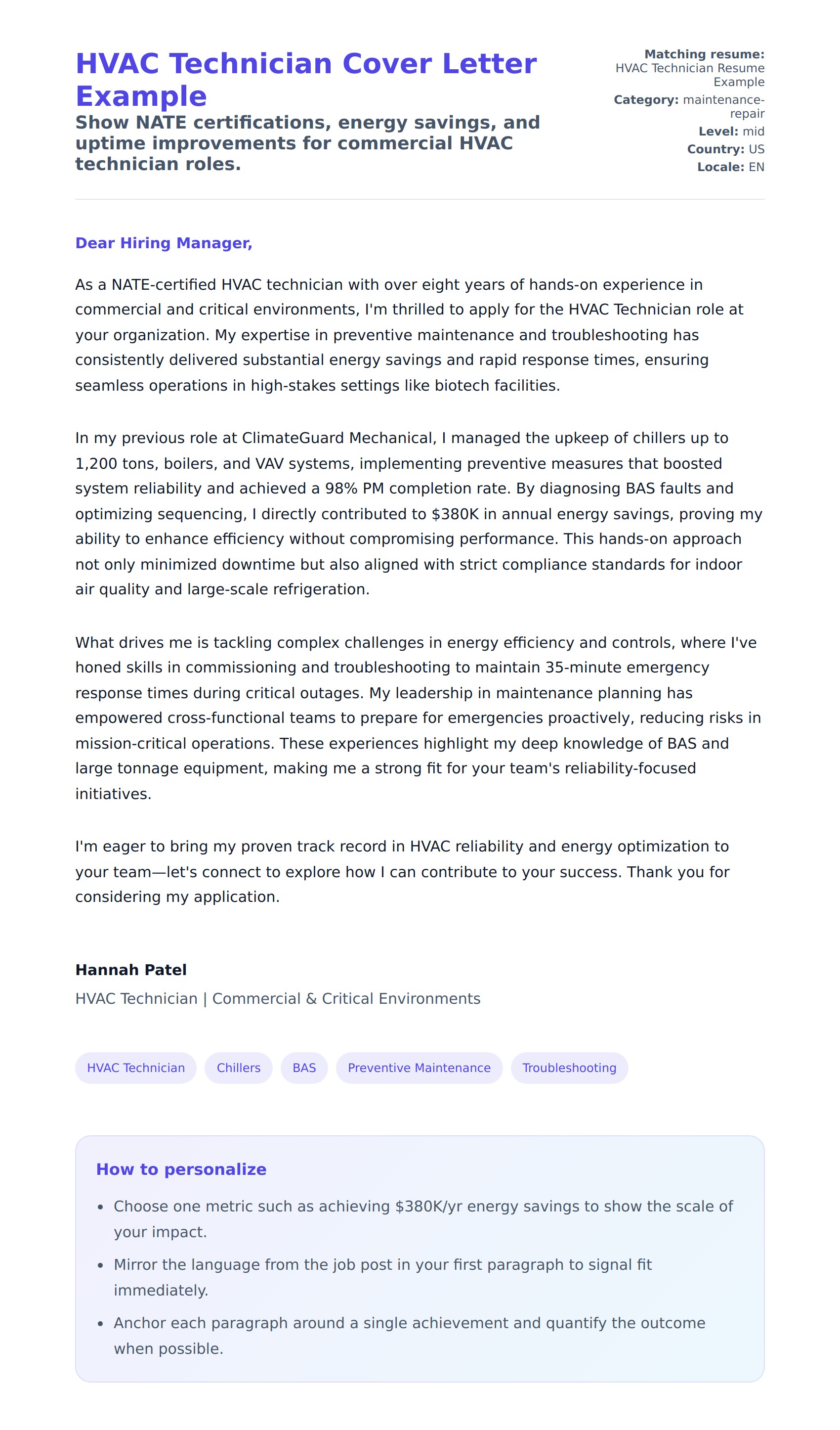 Cover Letter preview for HVAC Technician Cover Letter Example