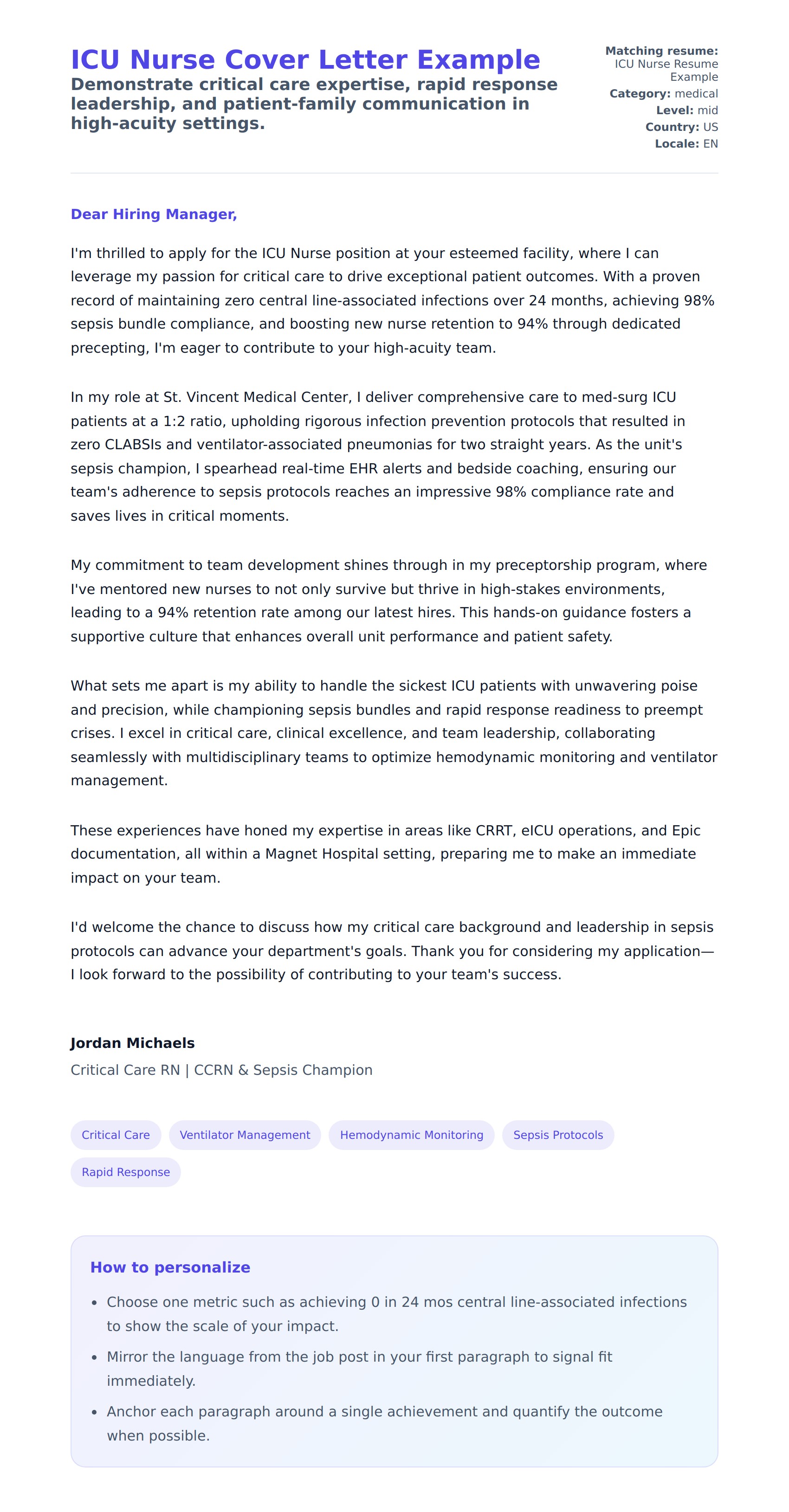 Cover Letter preview for ICU Nurse Cover Letter Example