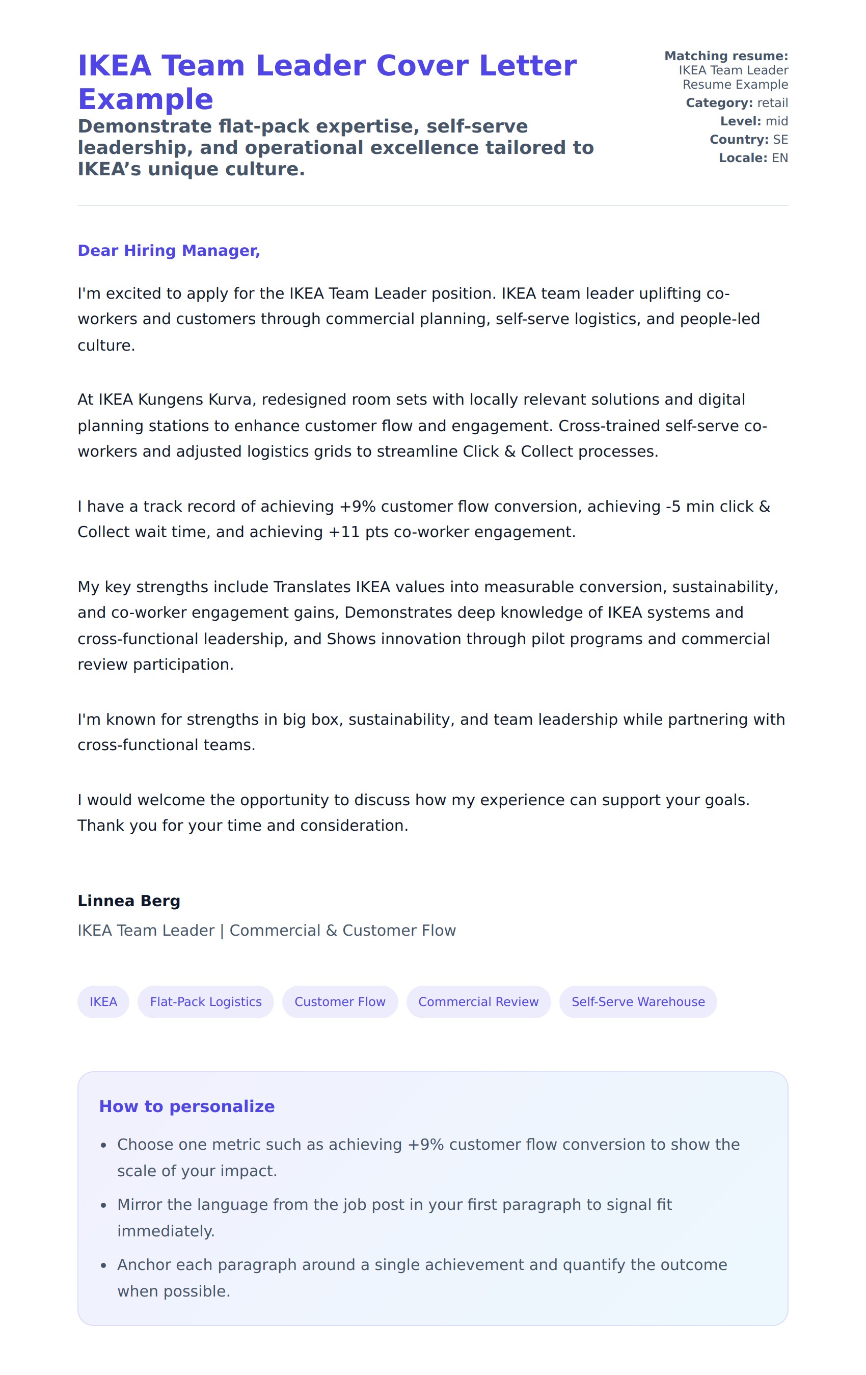 Cover Letter preview for IKEA Team Leader Cover Letter Example