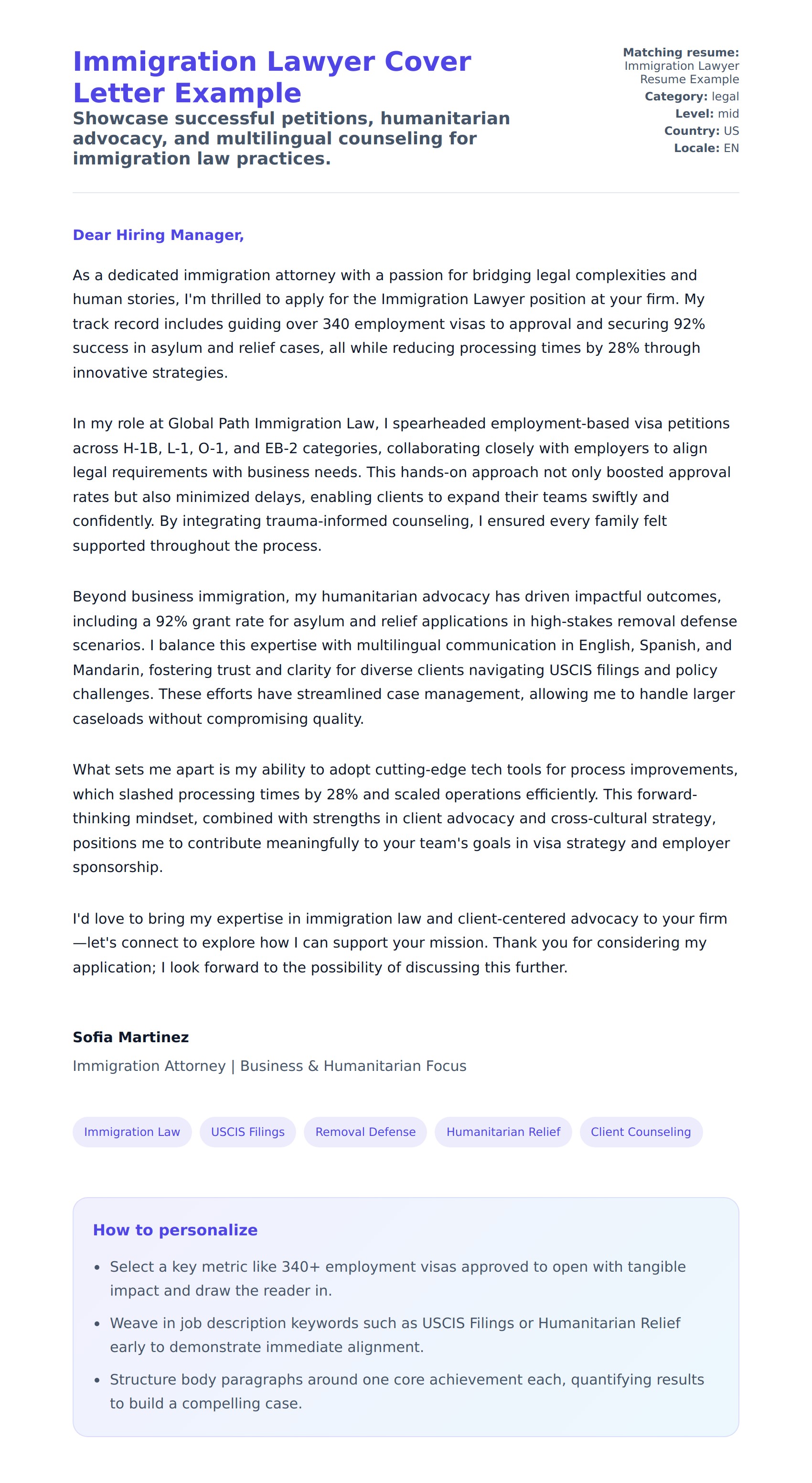 Cover Letter preview for Immigration Lawyer Cover Letter Example