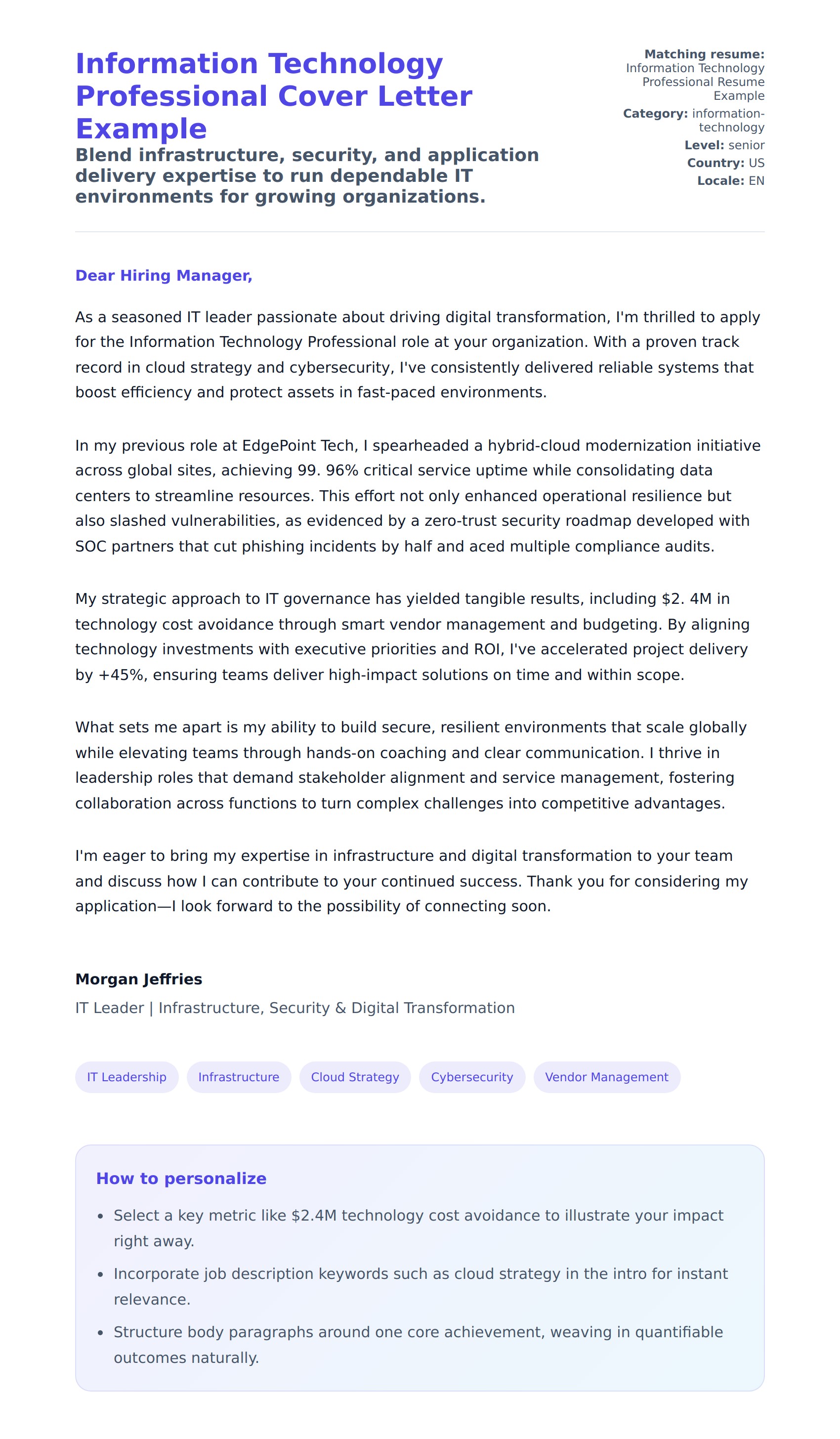 Cover Letter preview for Information Technology Professional Cover Letter Example