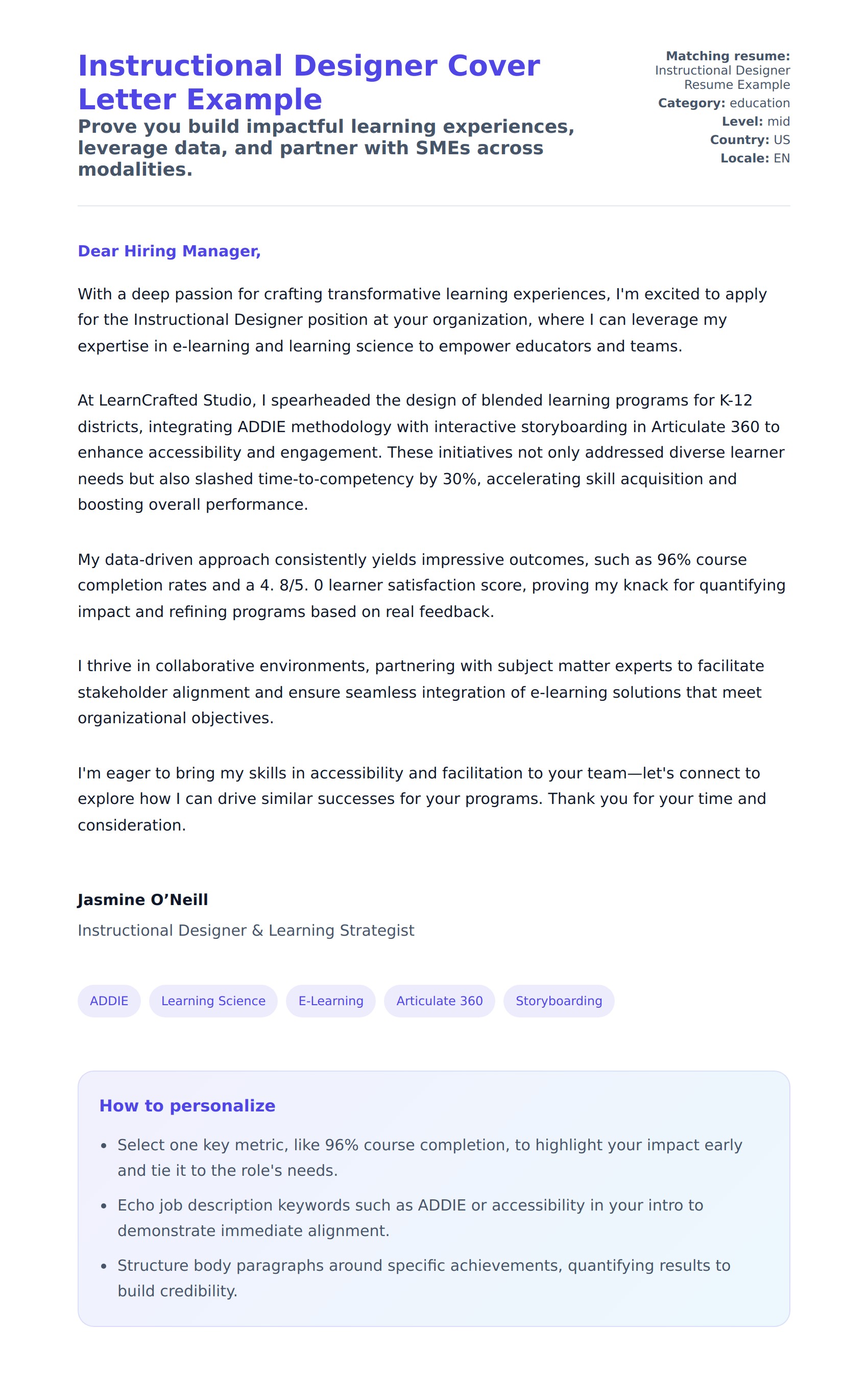 Cover Letter preview for Instructional Designer Cover Letter Example