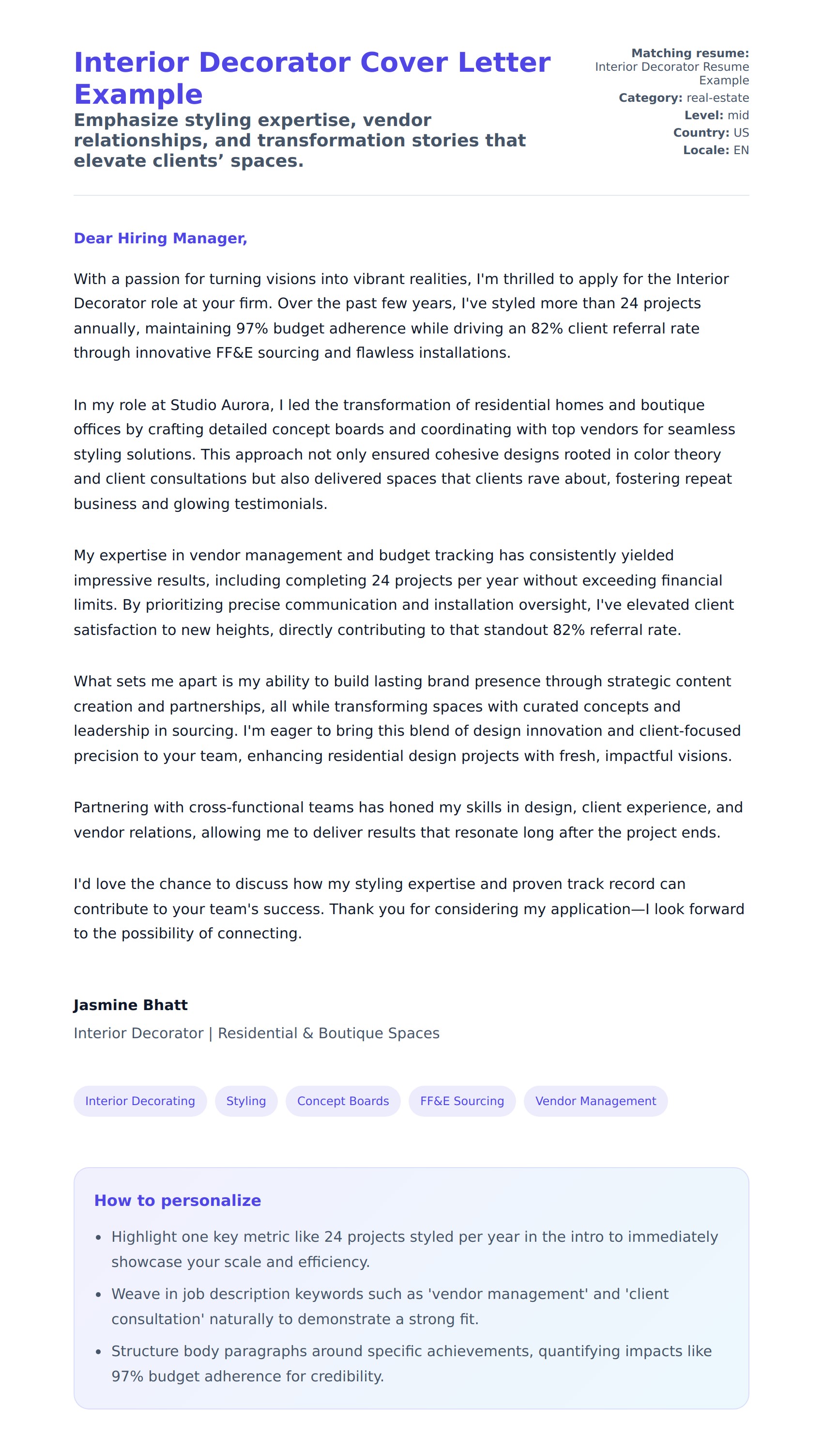 Cover Letter preview for Interior Decorator Cover Letter Example