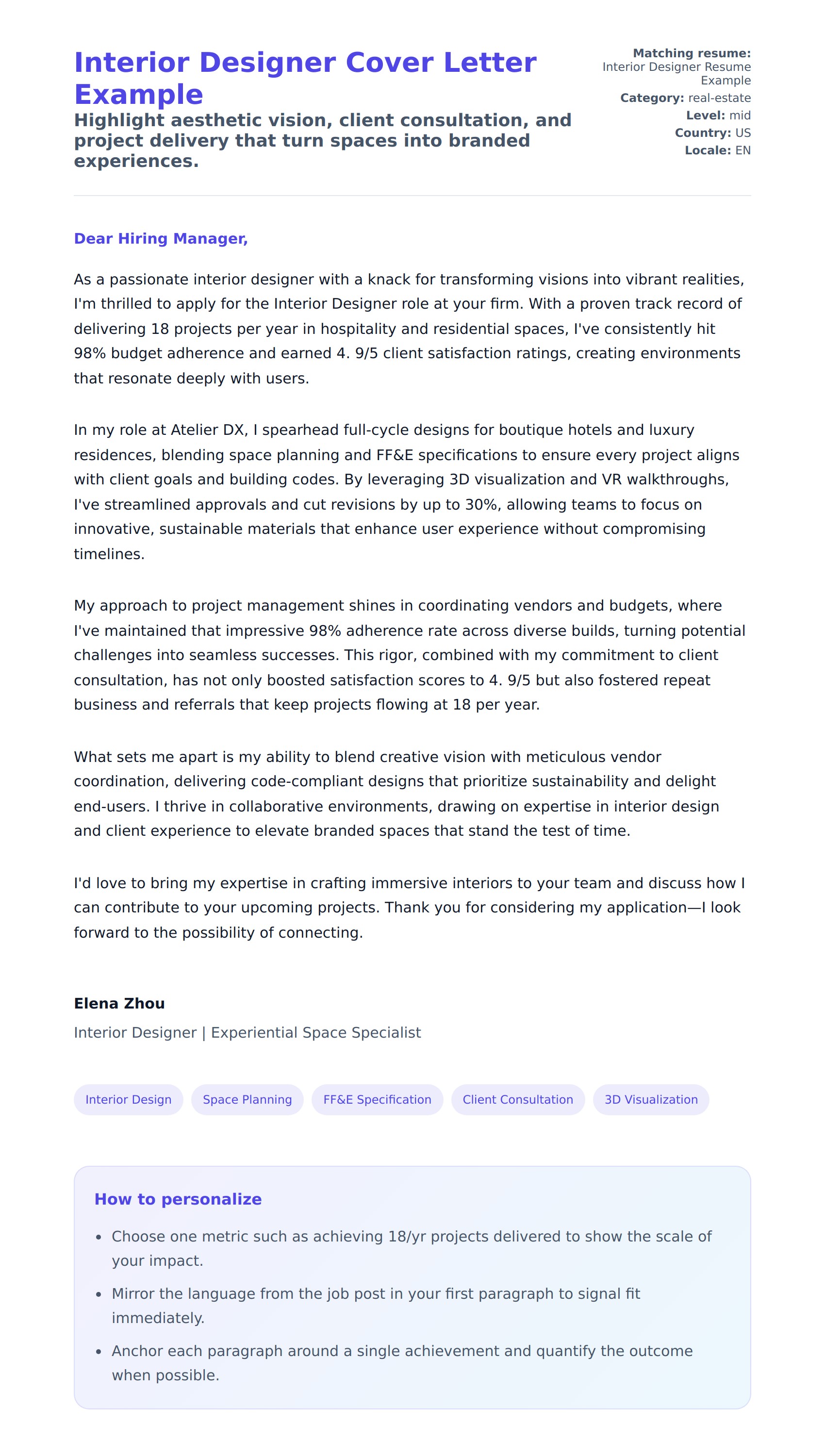 Cover Letter preview for Interior Designer Cover Letter Example
