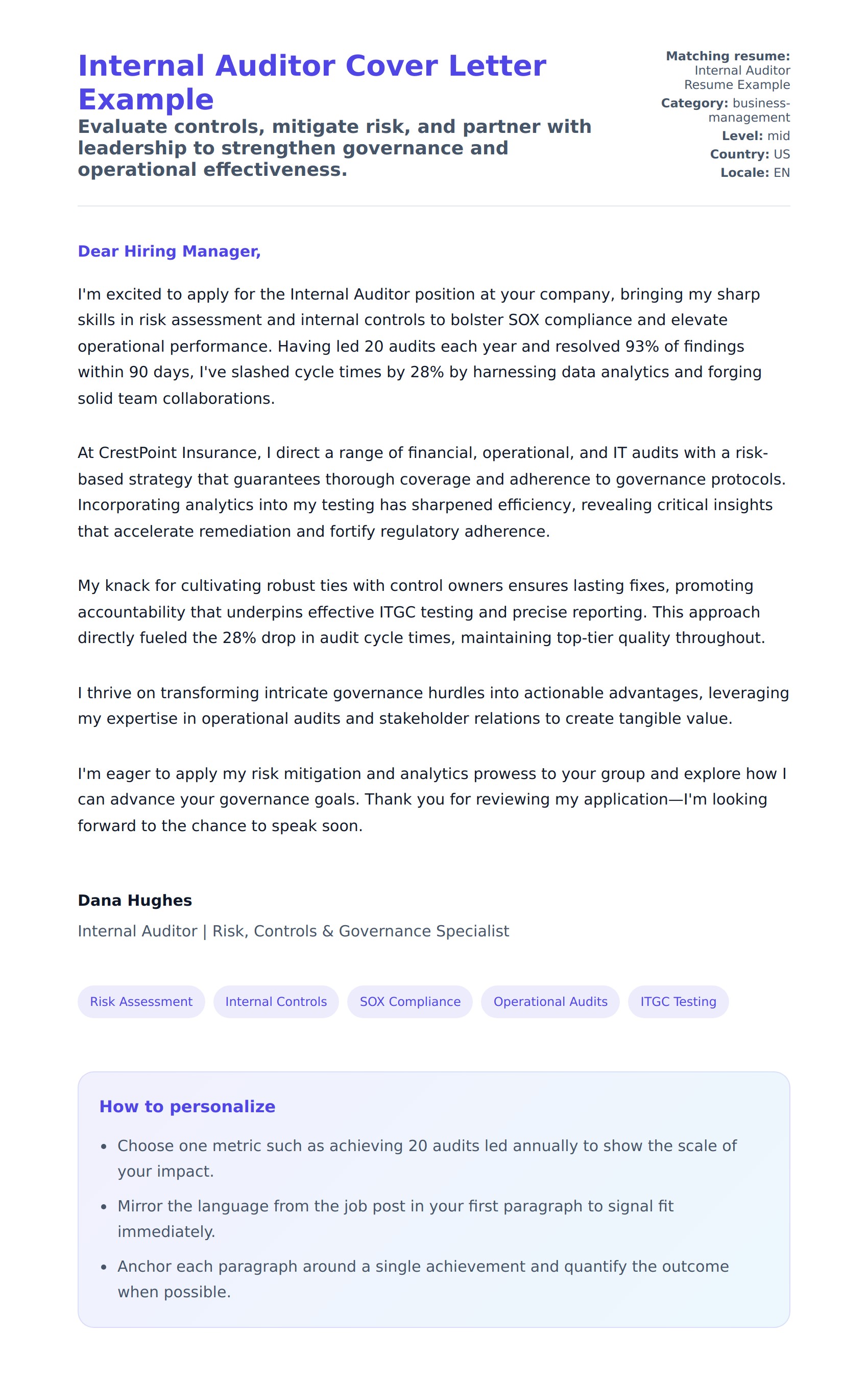 Cover Letter preview for Internal Auditor Cover Letter Example