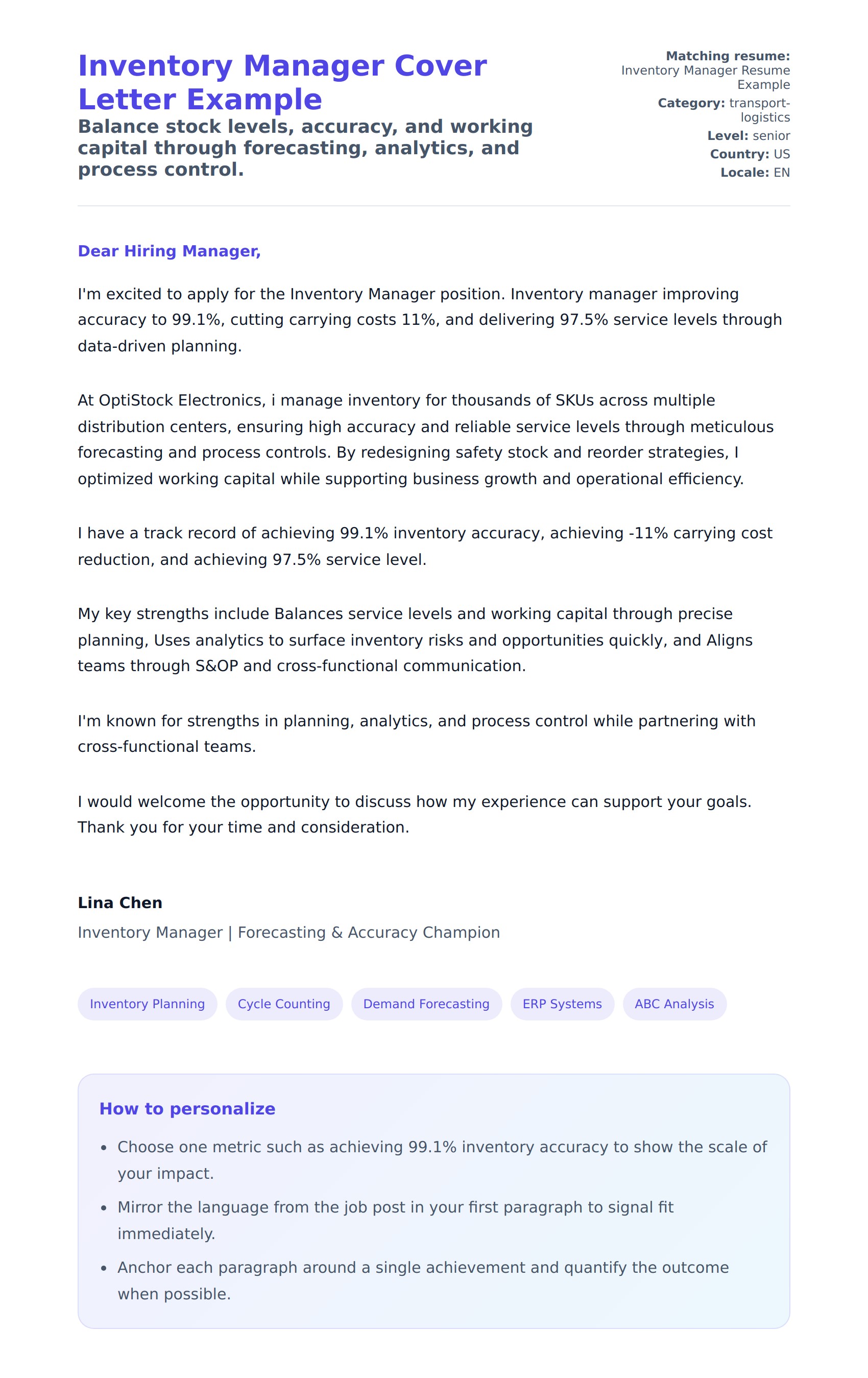 Cover Letter preview for Inventory Manager Cover Letter Example