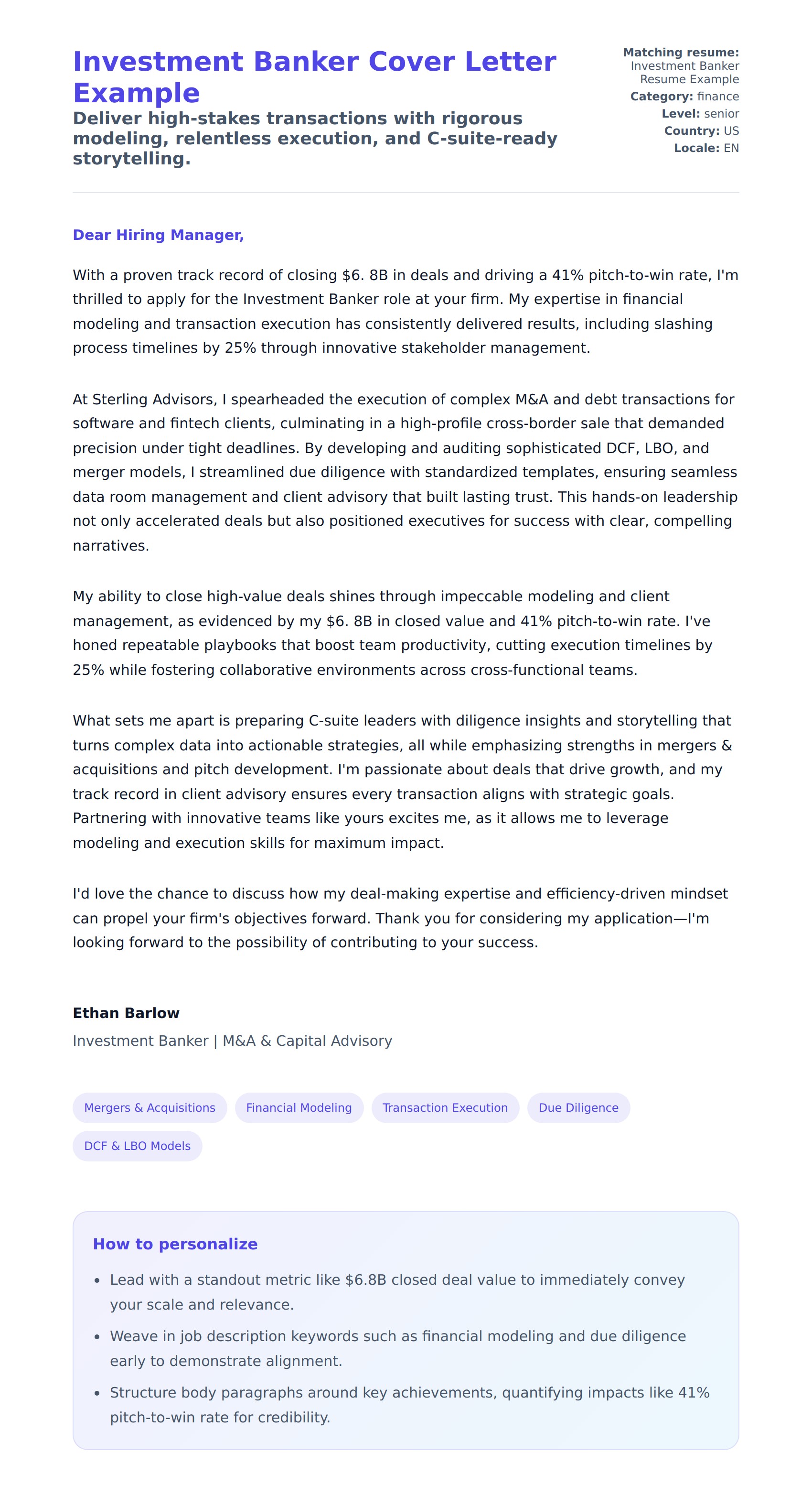 Cover Letter preview for Investment Banker Cover Letter Example
