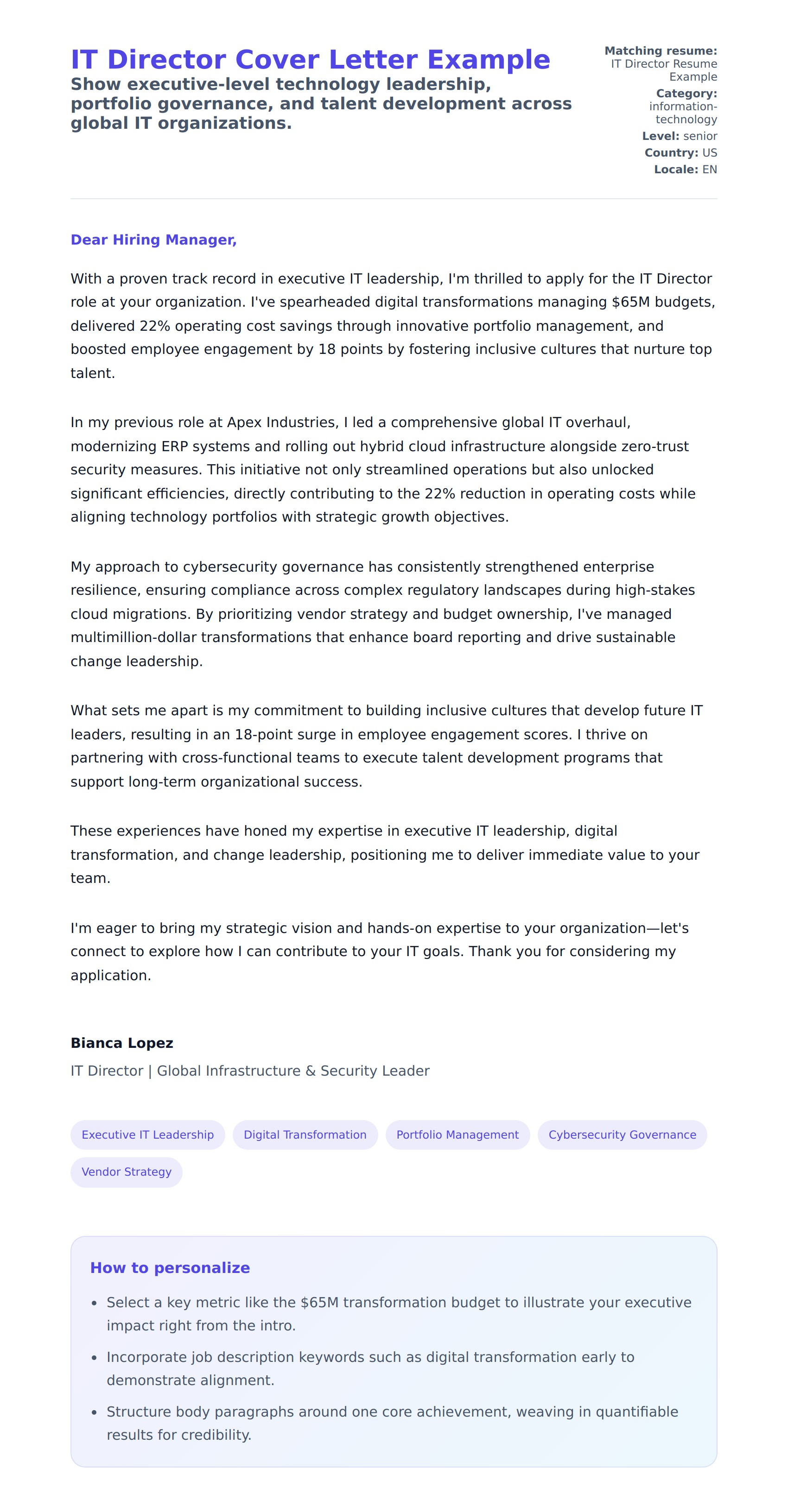Cover Letter preview for IT Director Cover Letter Example