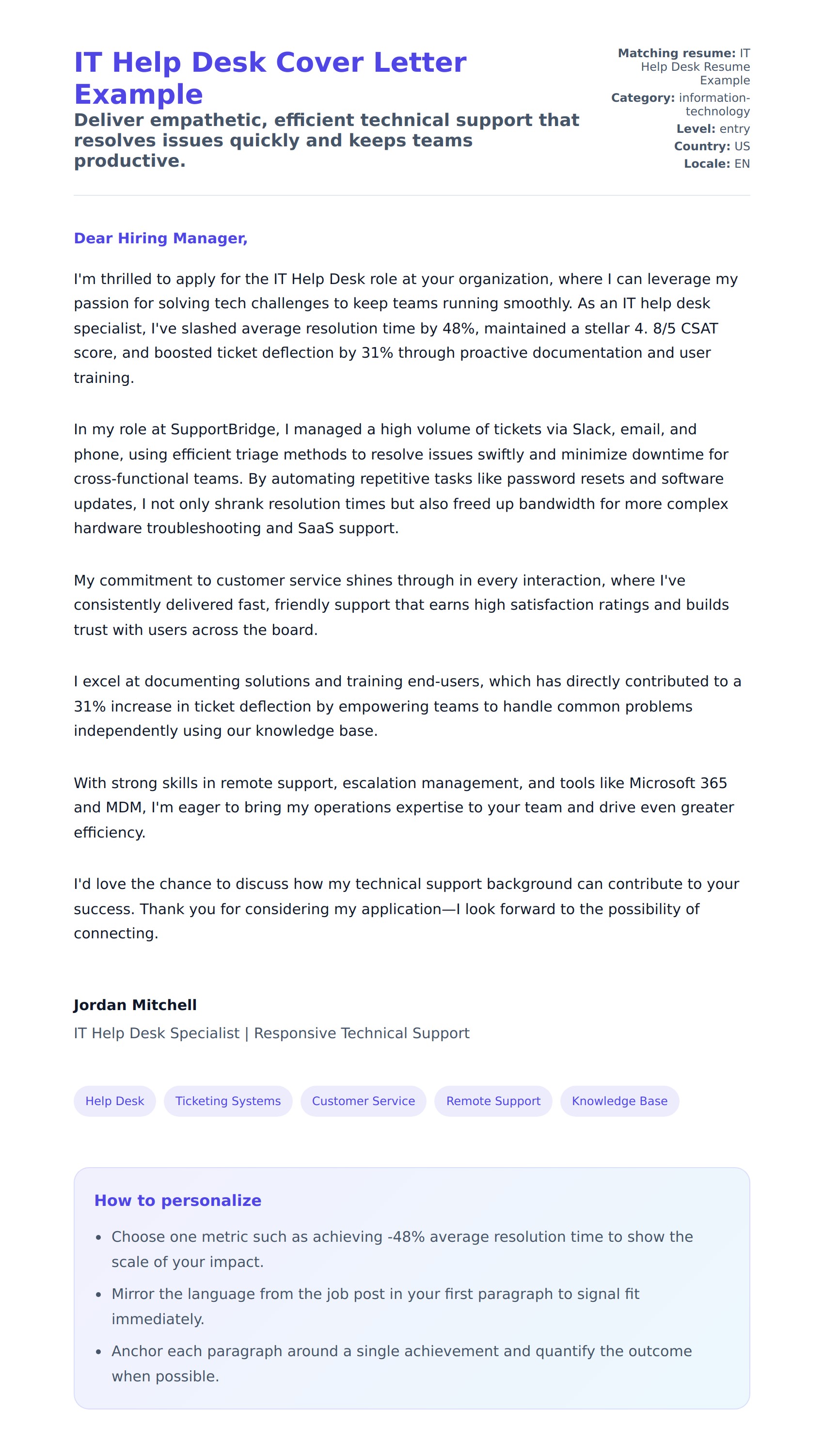 Cover Letter preview for IT Help Desk Cover Letter Example
