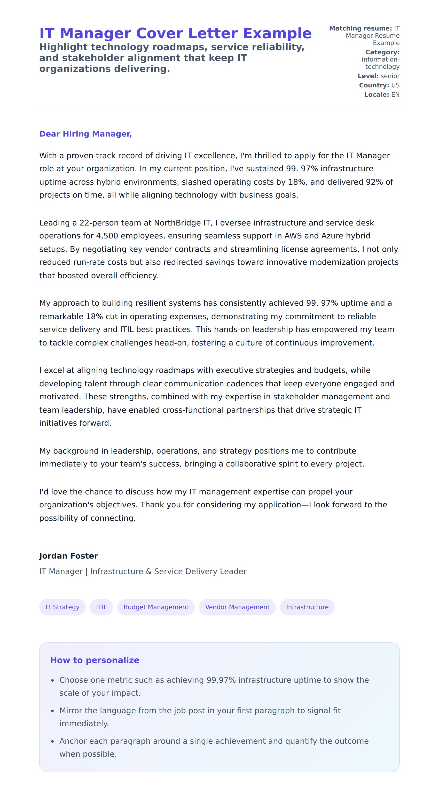 Cover Letter preview for IT Manager Cover Letter Example
