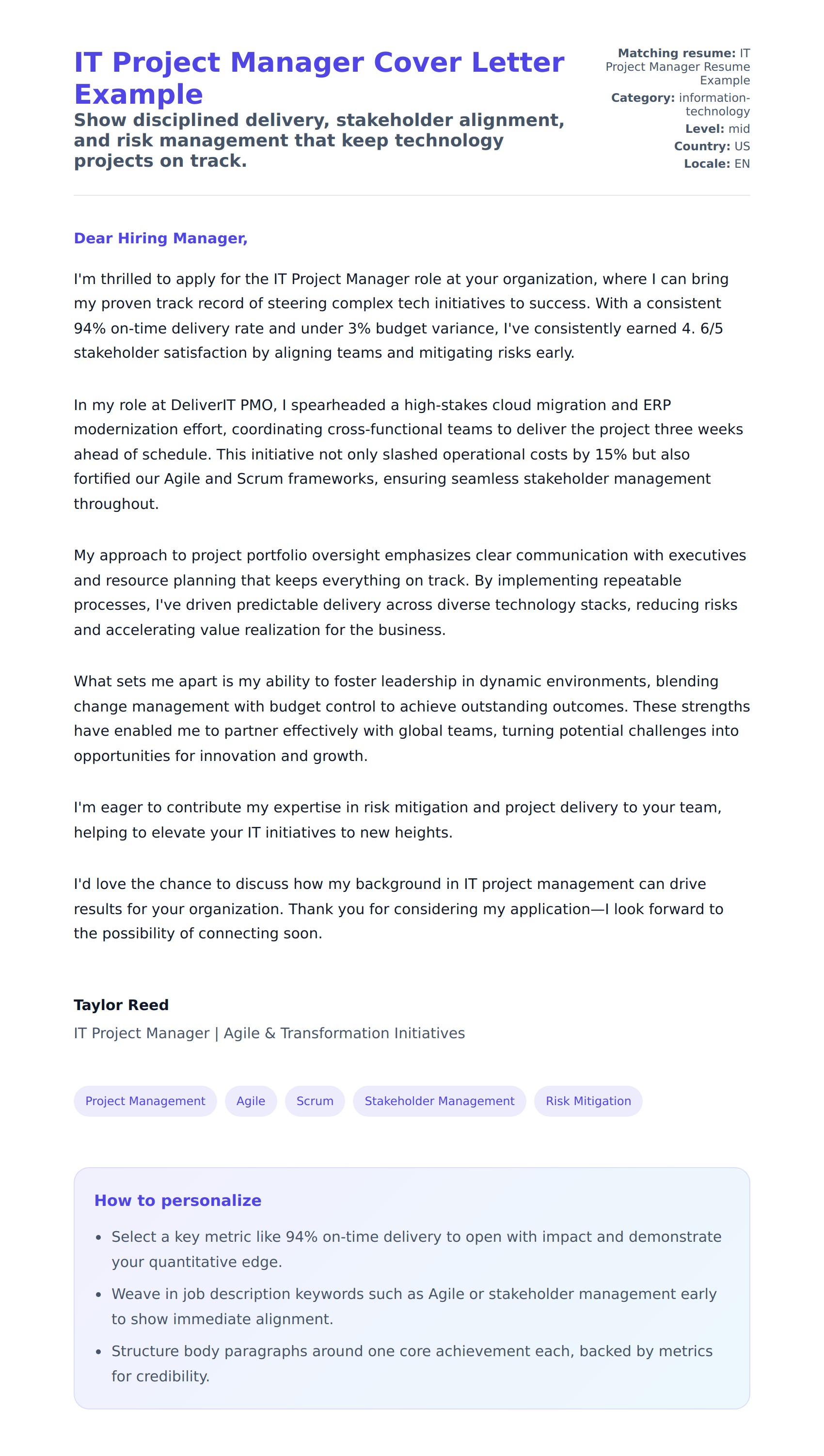 Cover Letter preview for IT Project Manager Cover Letter Example