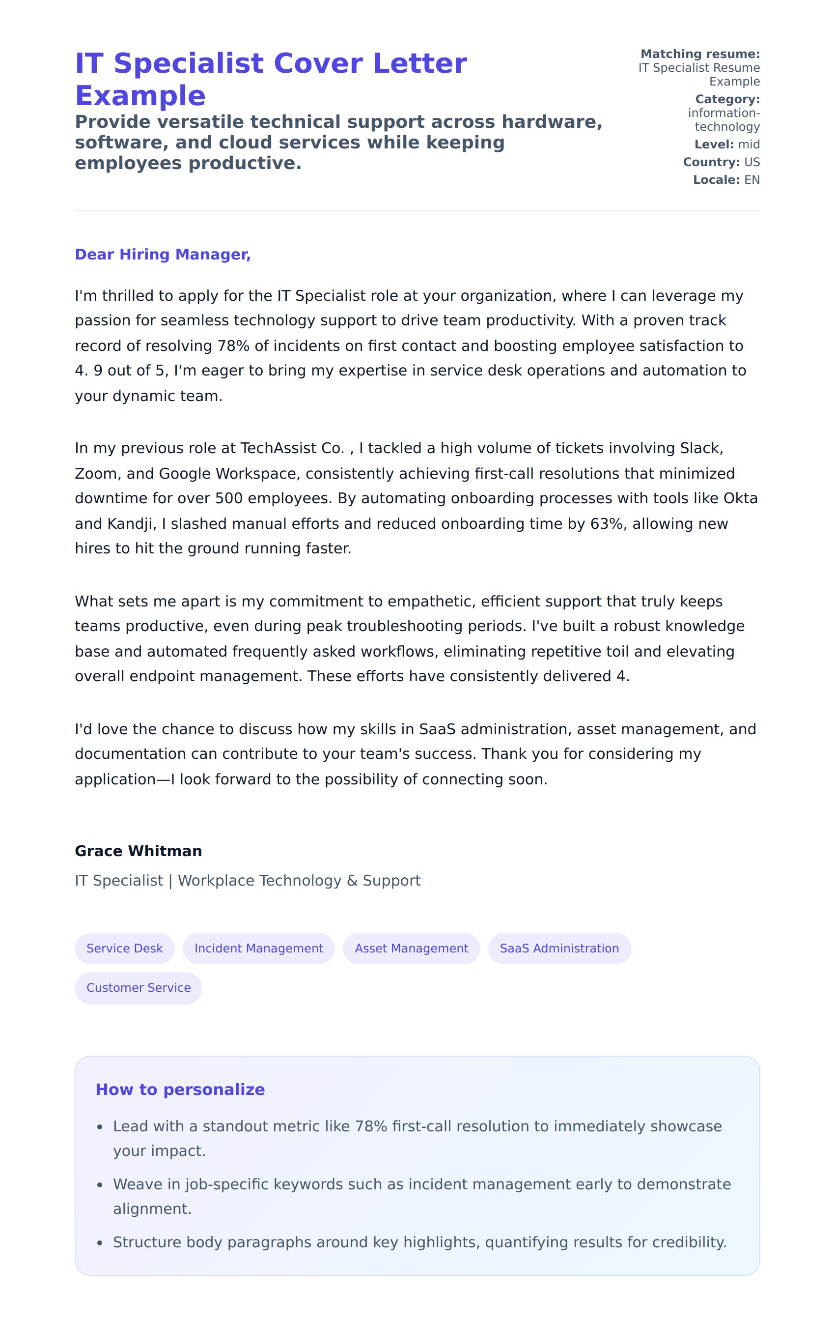 Cover Letter preview for IT Specialist Cover Letter Example