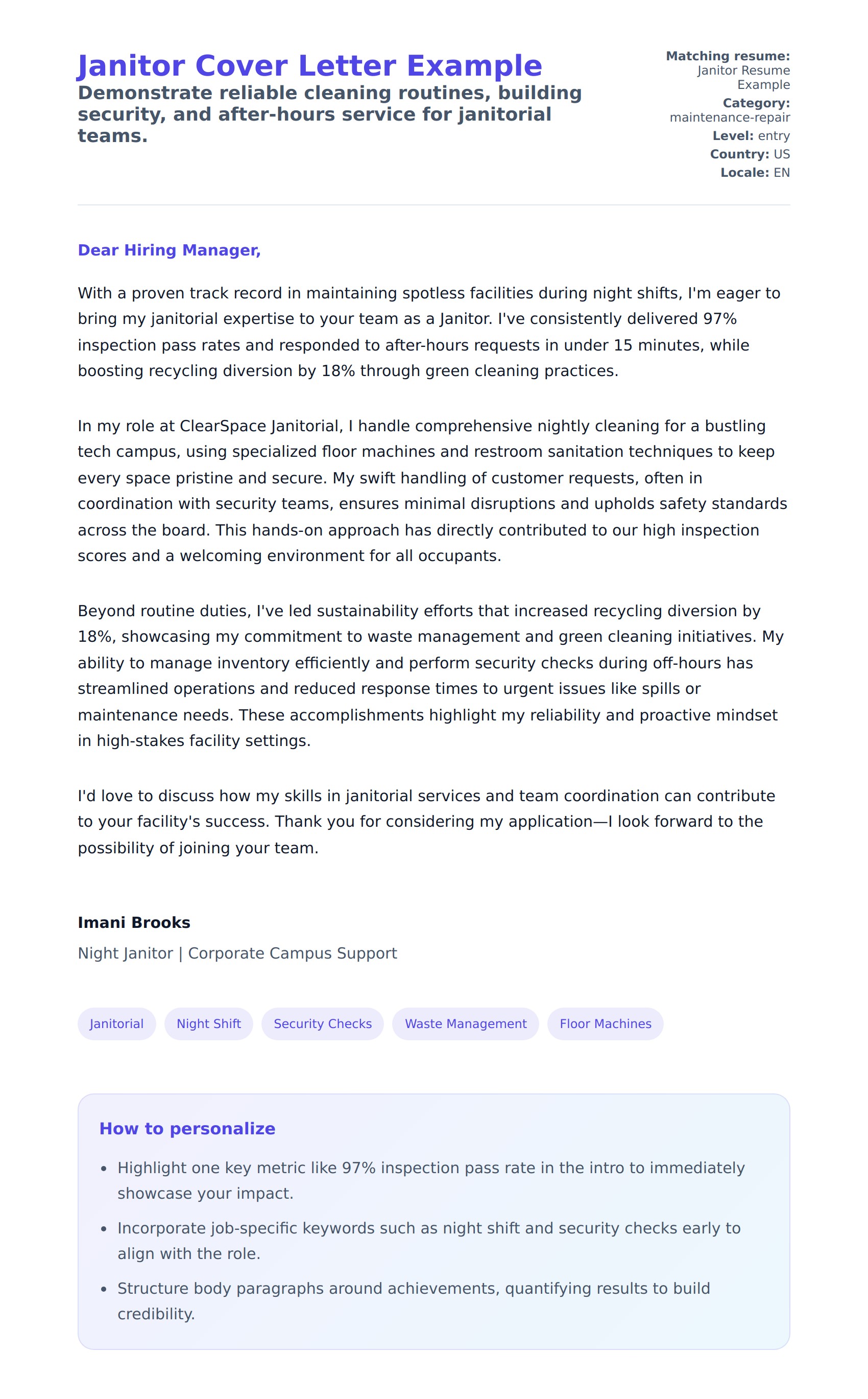 Cover Letter preview for Janitor Cover Letter Example