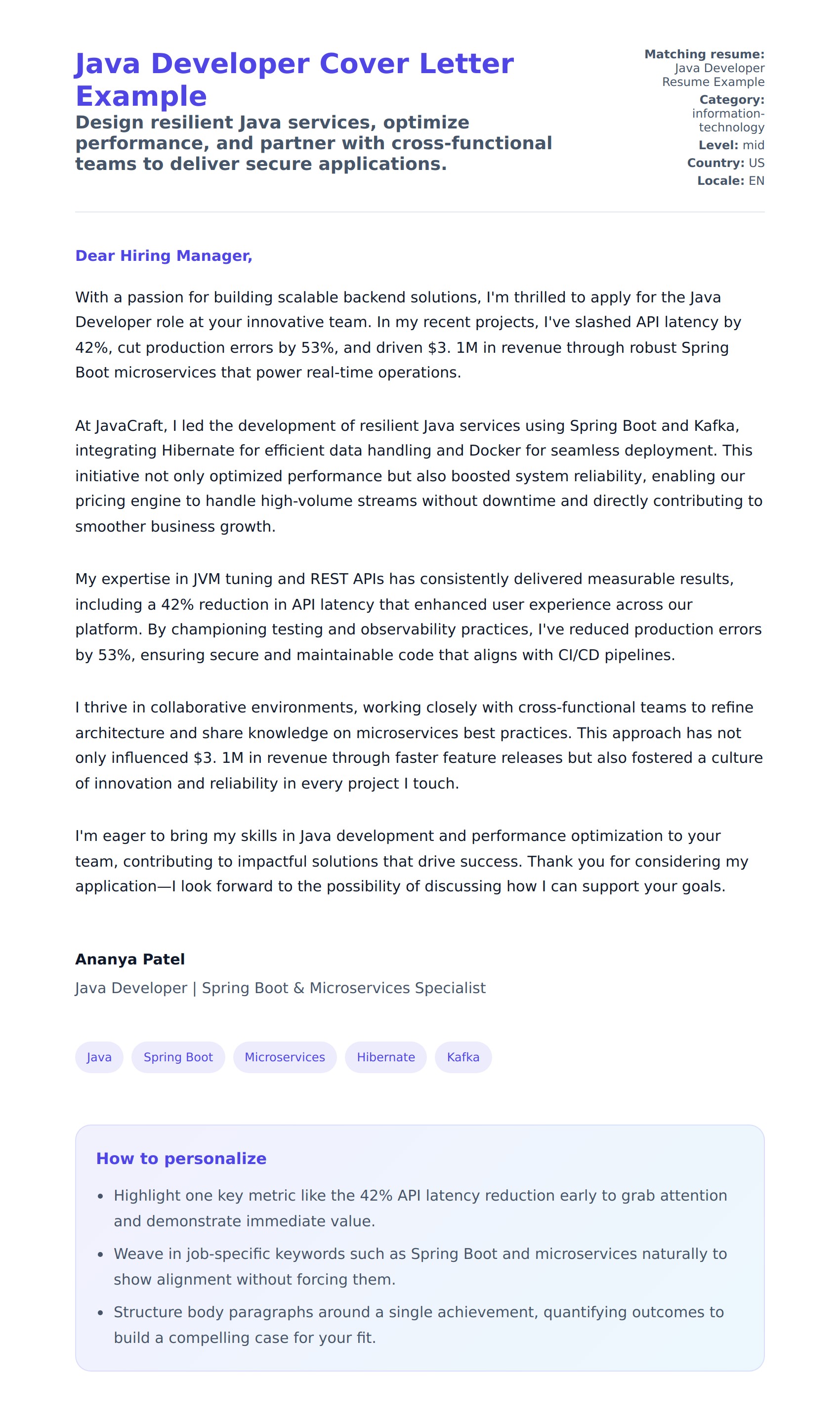 Cover Letter preview for Java Developer Cover Letter Example