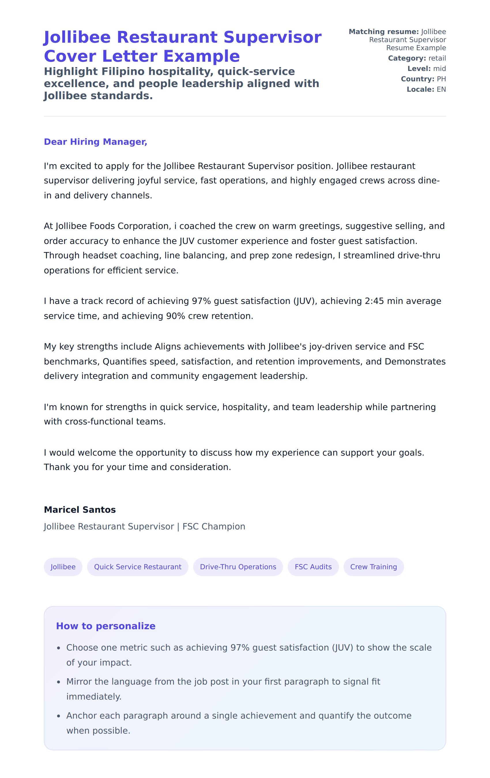 Cover Letter preview for Jollibee Restaurant Supervisor Cover Letter Example