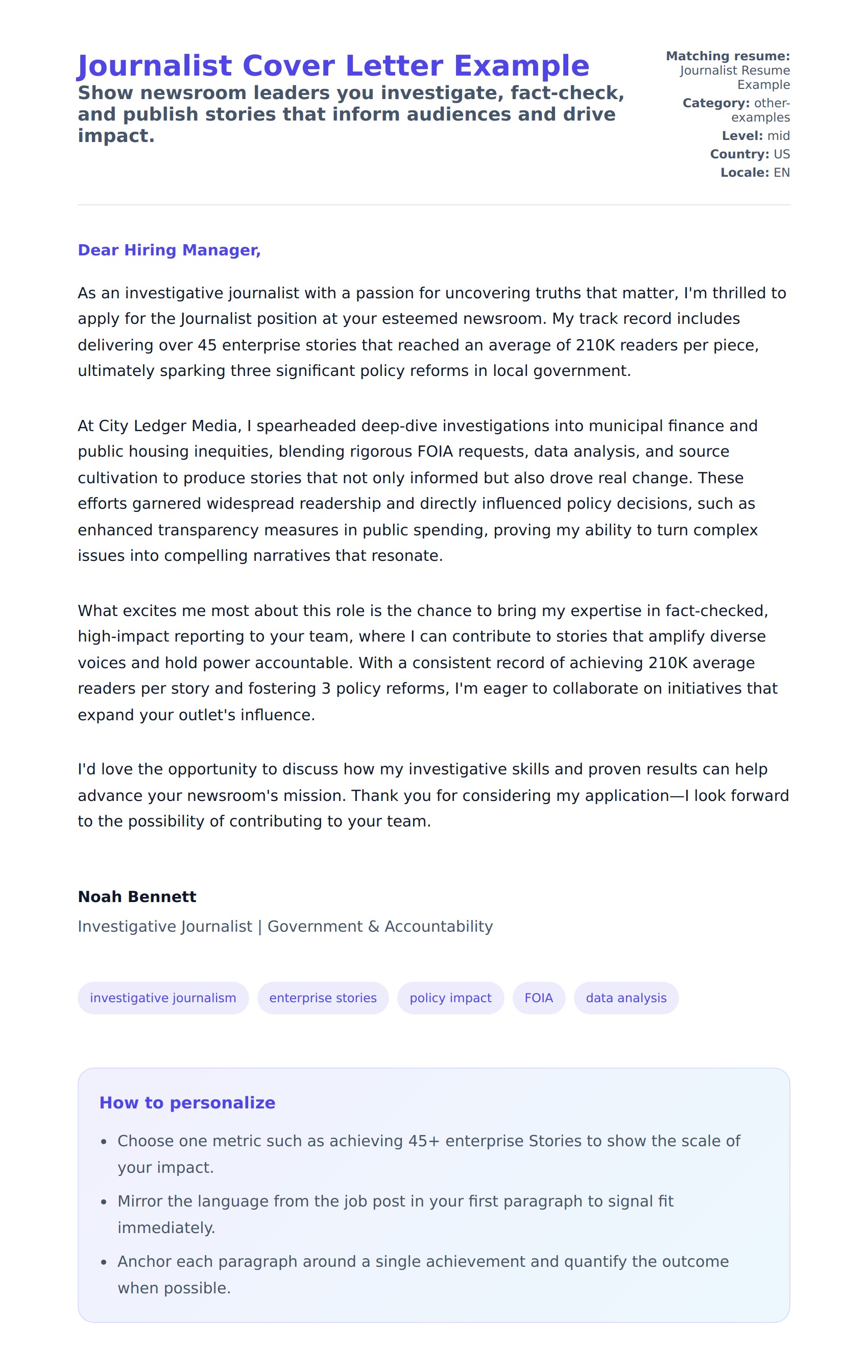 Cover Letter preview for Journalist Cover Letter Example