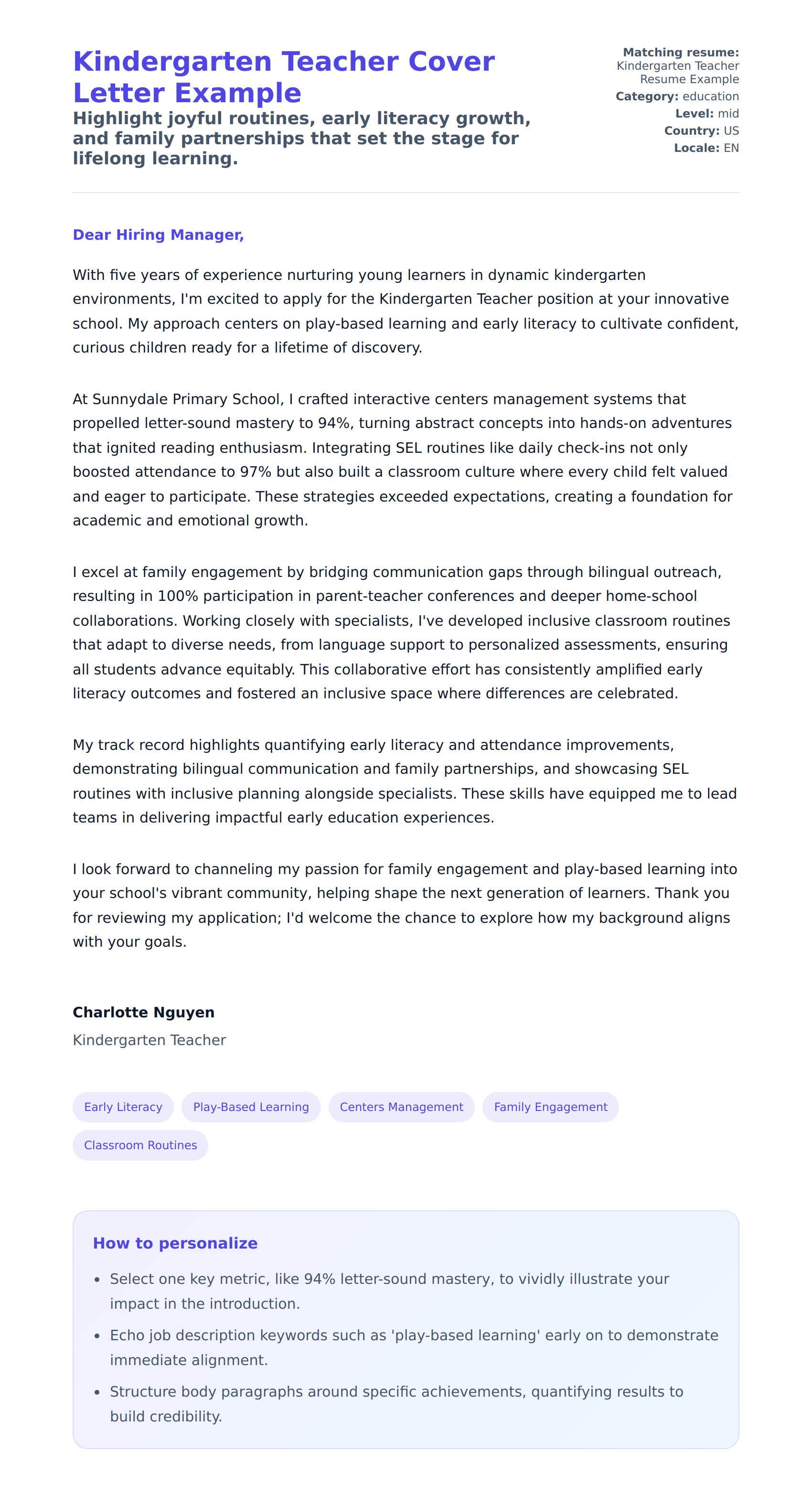 Cover Letter preview for Kindergarten Teacher Cover Letter Example